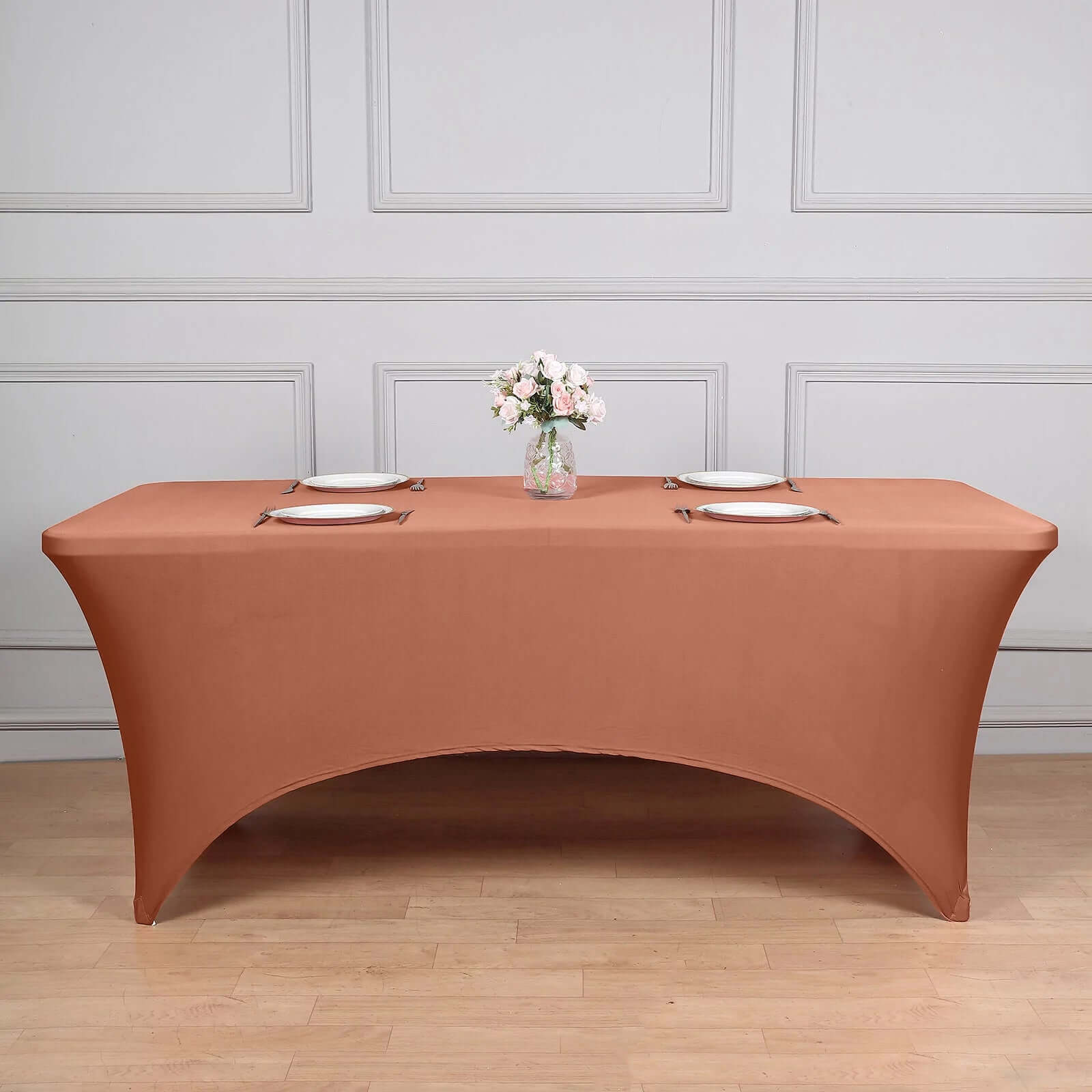 Hot Sale! Durable Form-Fitting Terracotta (Rust) Spandex Stretch Table Cover for 8ft Rectangular Tables