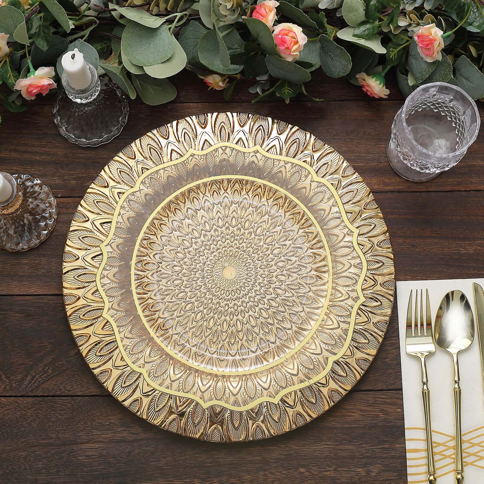 Hot Sale! 6-Piece Set of 13-Inch Gold Plastic Charger Plates with Embossed Peacock Design