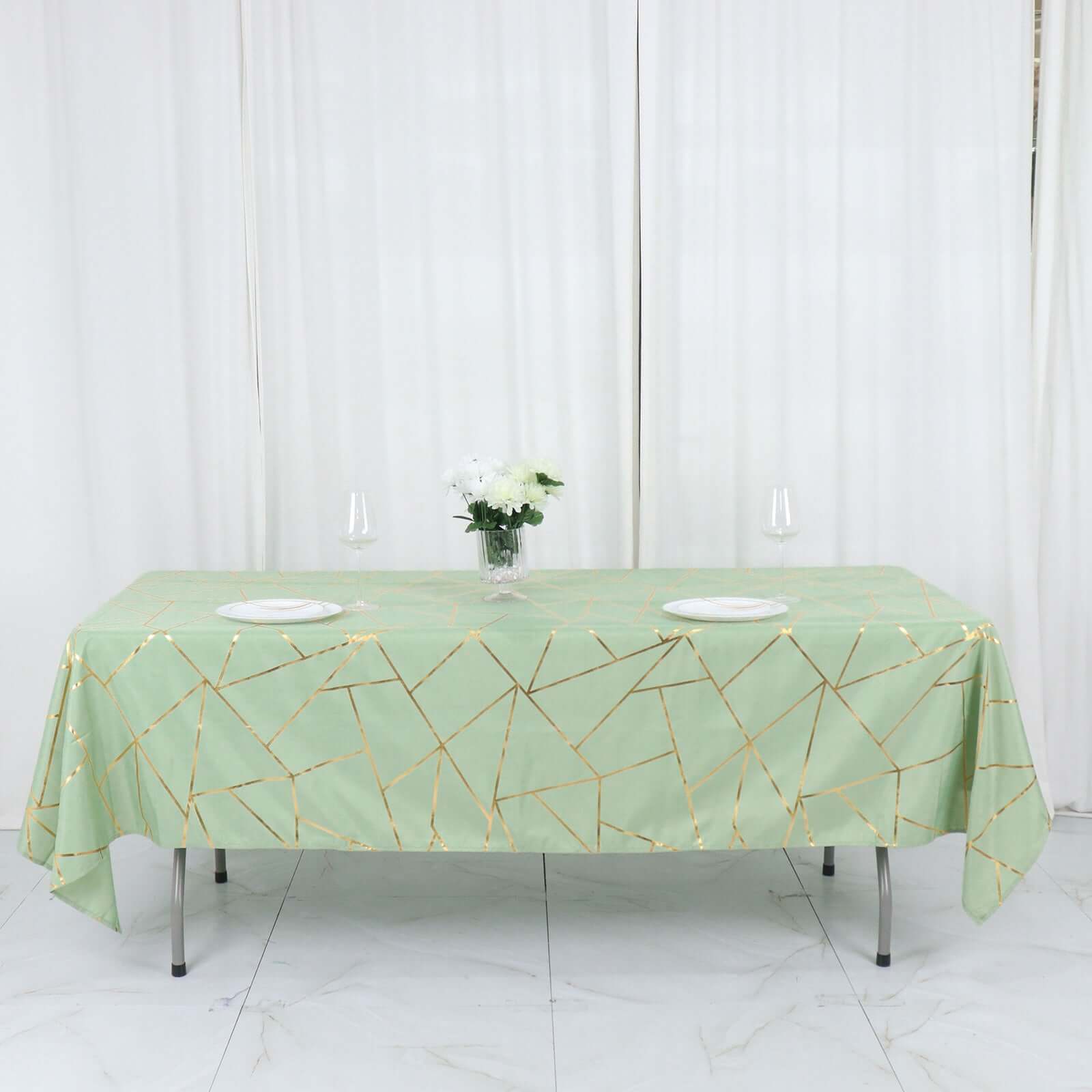 Hot Sale! Wrinkle-Resistant & Durable Polyester Rectangle Tablecloth in Sage Green with Gold Foil Geometric Design (60x102)