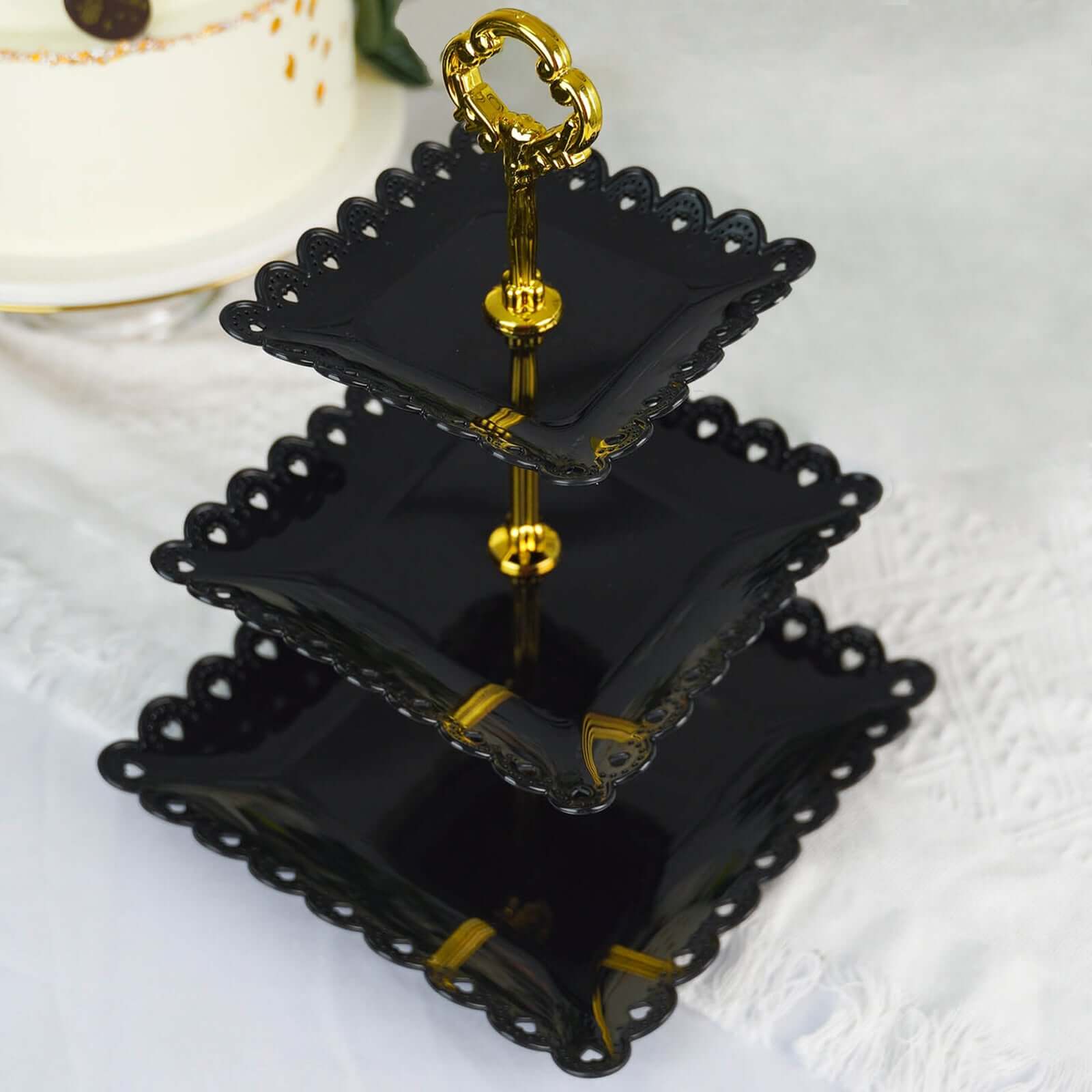 Black 3-Tier Plastic Square Cupcake Stand Tower - Ideal for Tea Parties, Weddings & Special Occasions