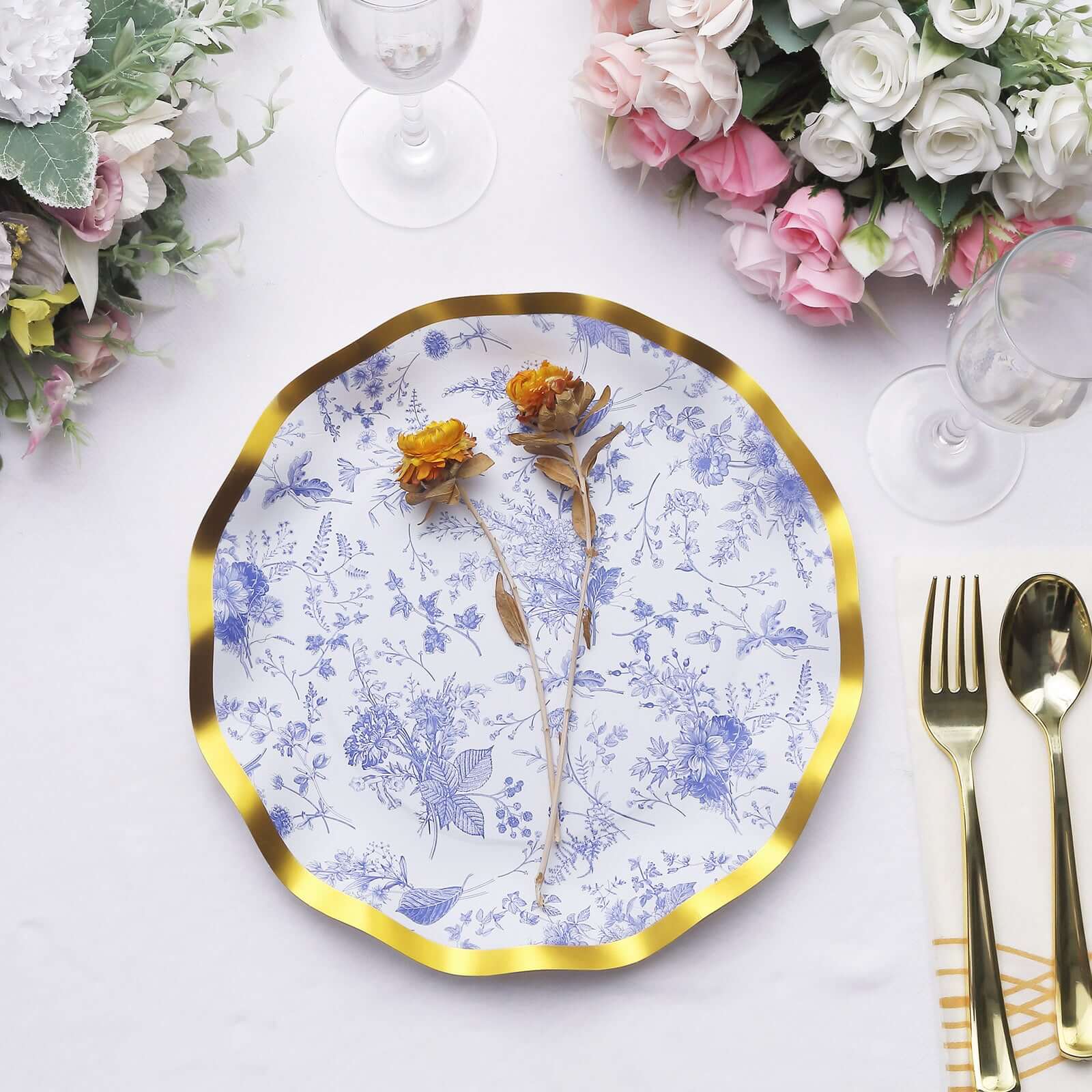 Get 25-Piece Set of Disposable 10-Inch White Paper Dinner Plates with Blue French Toile & Gold Wavy Rim