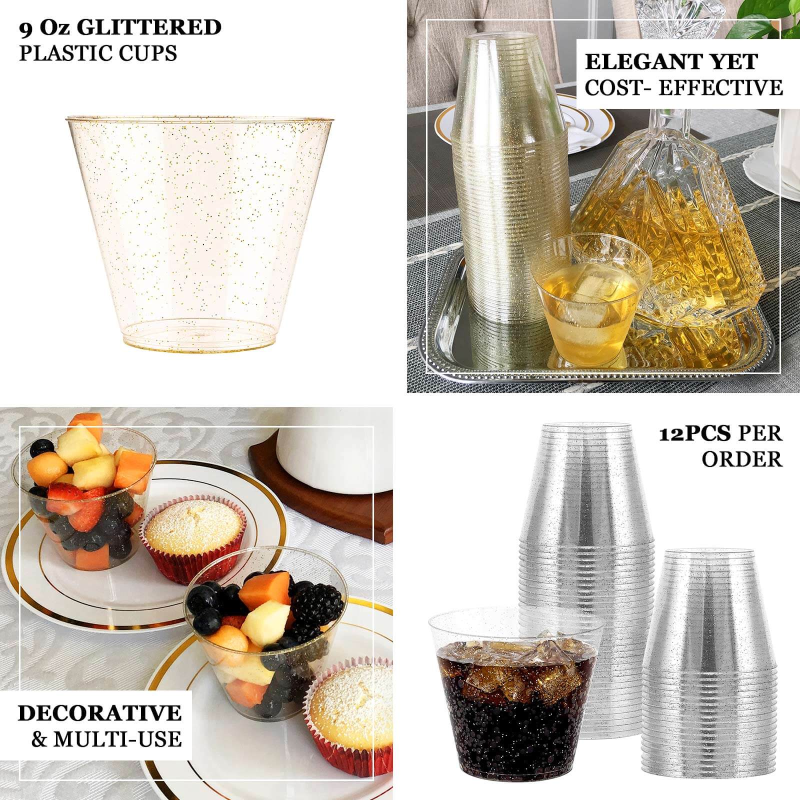 Stylish 9oz Blush Glittered 12-Pack Disposable Plastic Party Glasses