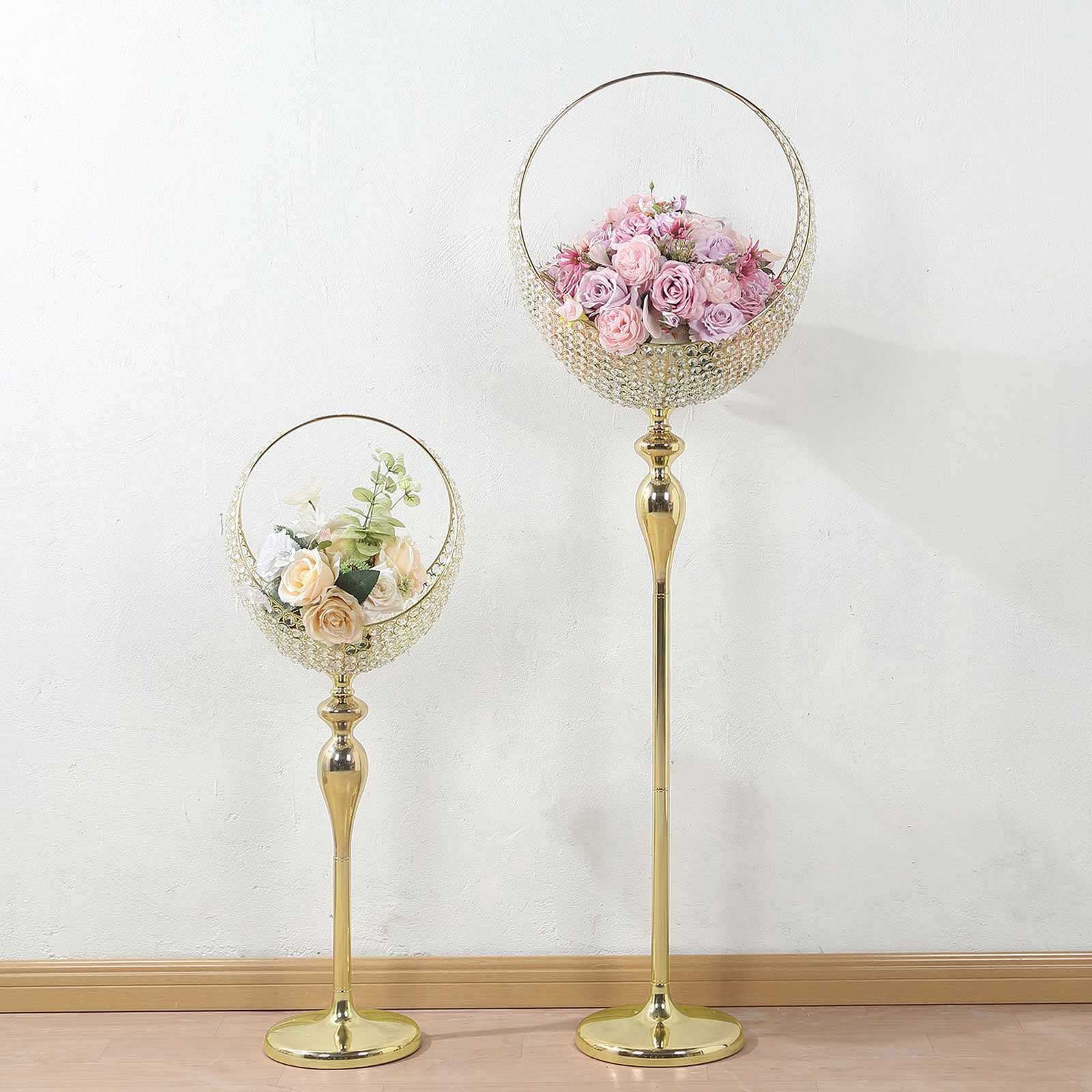 3ft Tall Gold Metal Crystal Beaded Candle Holder Stand - Ideal Wedding Flower Centerpiece
