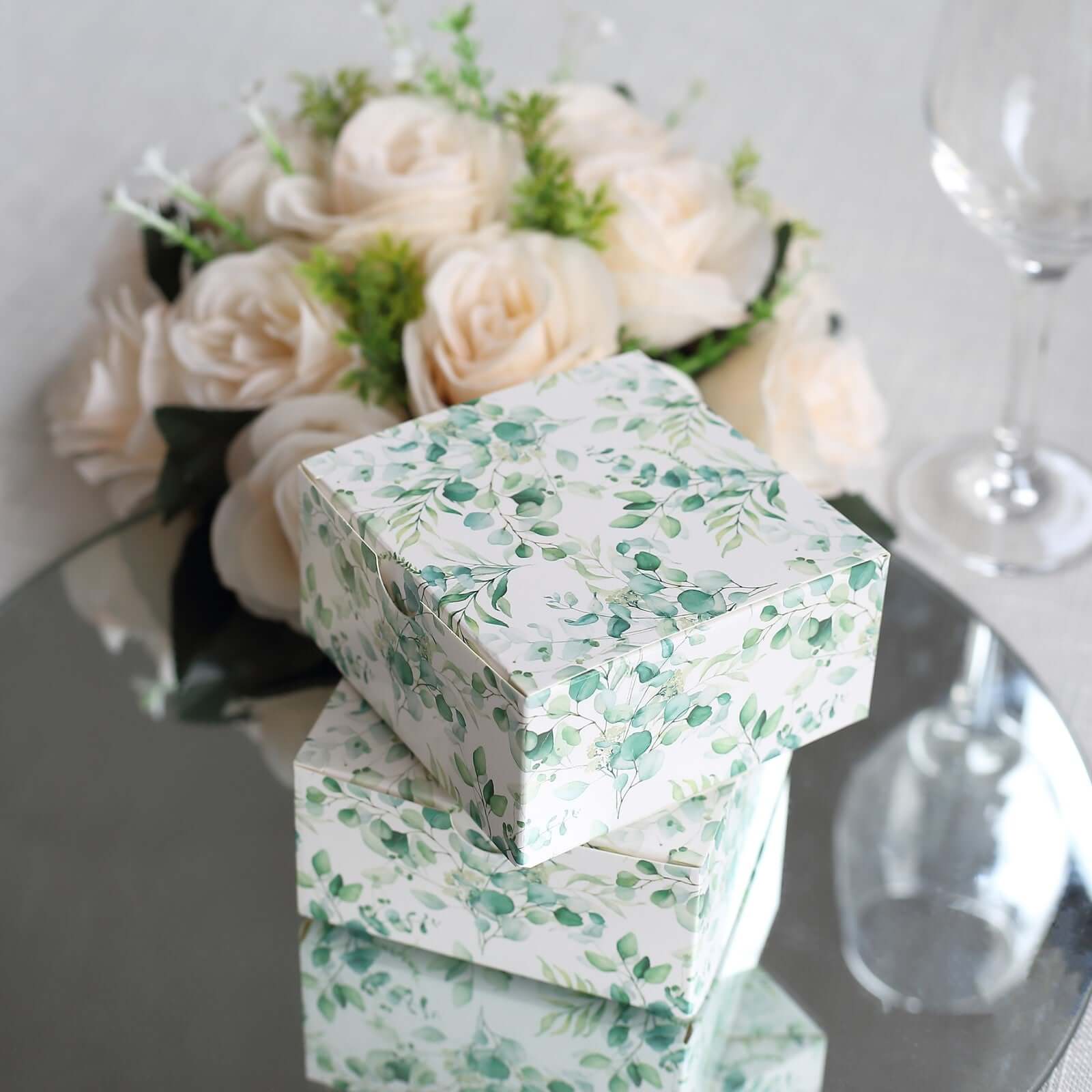 25-Pack White & Green Eucalyptus Print Cardstock Party Favor Boxes - 4x4x2, Ideal for Various Occasions