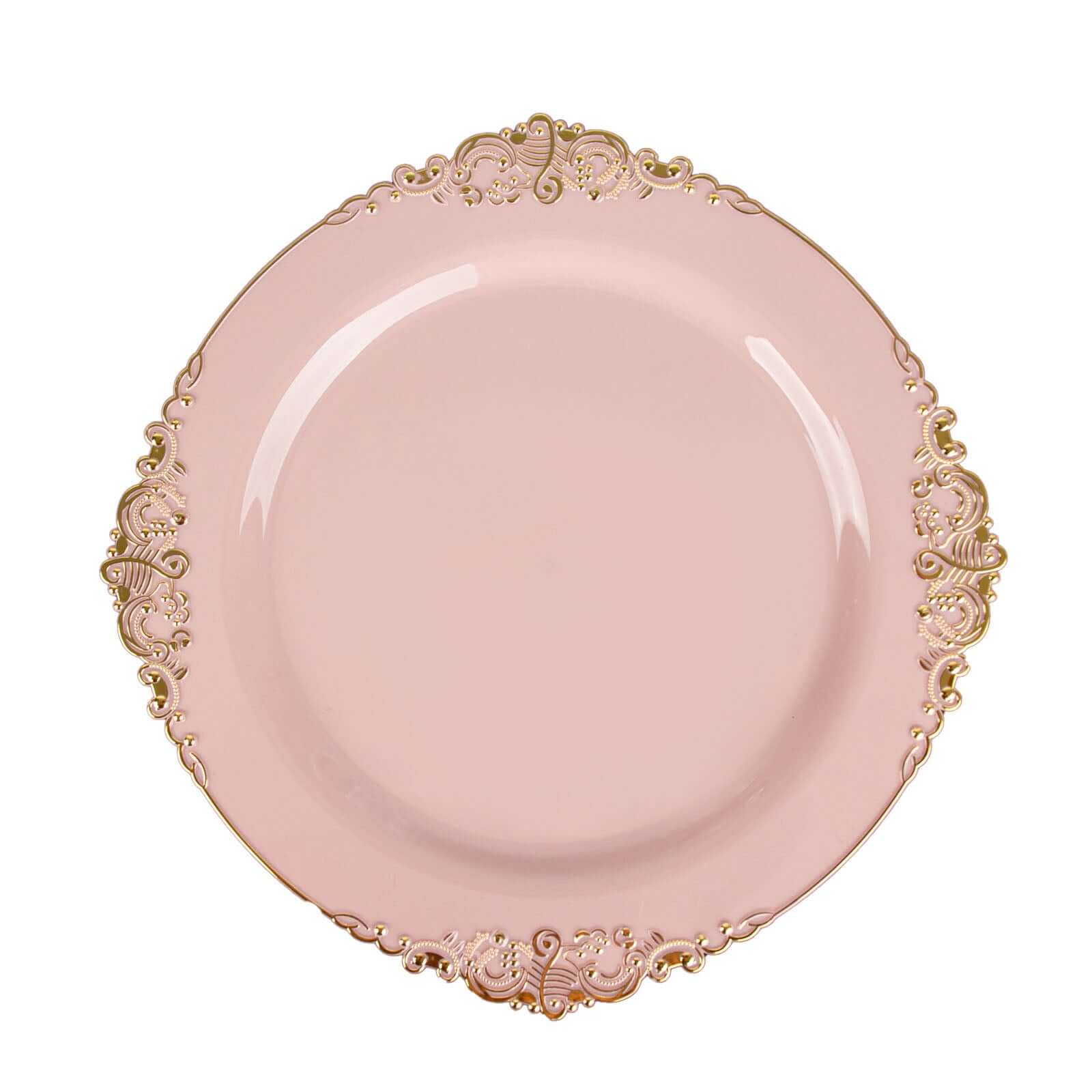 10-Pack Disposable Vintage Blush Plastic Round Dessert Plates with Gold Leaf Embossed Rim - Ideal for Events