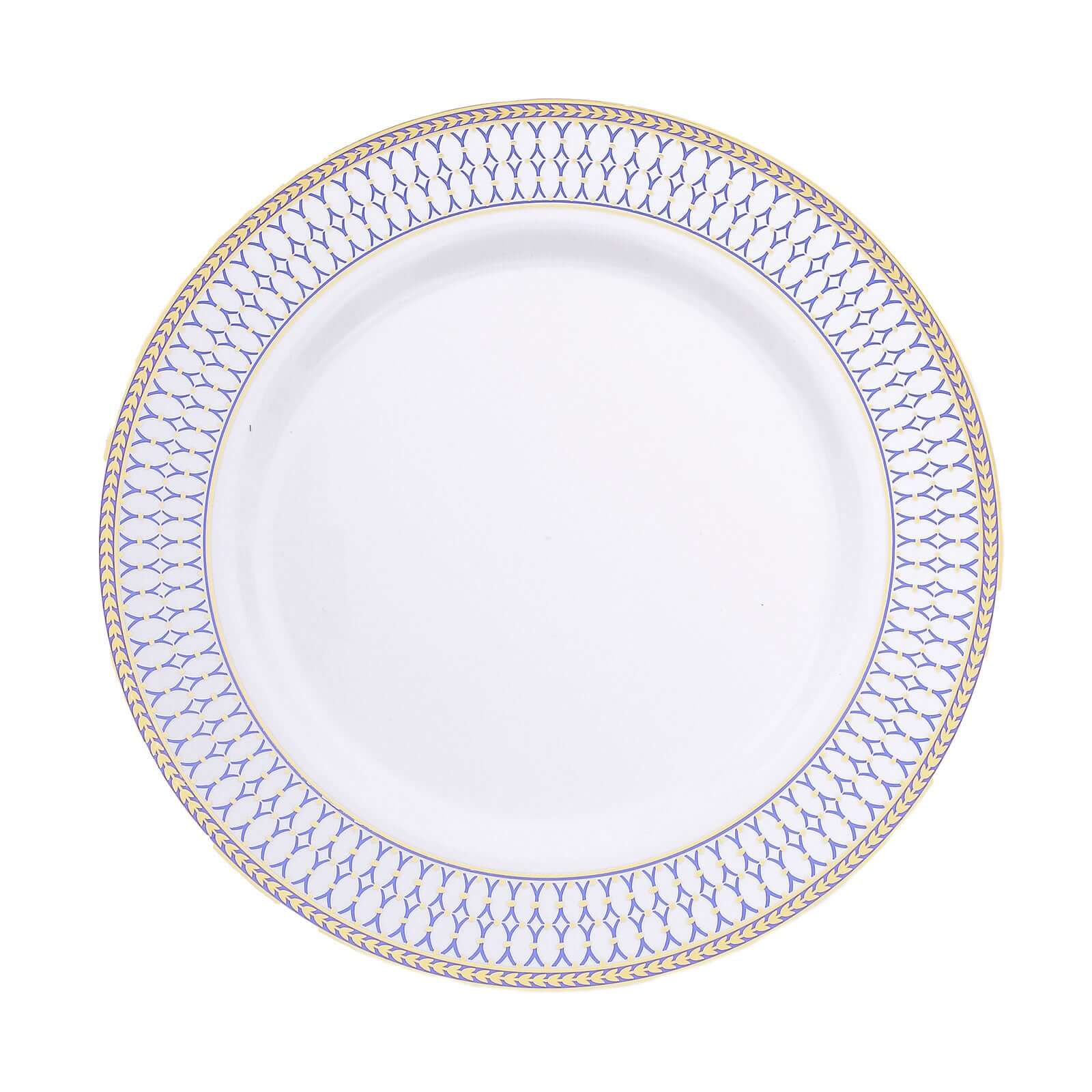 10-Pack White Disposable Dinner Plates with Gold and Navy Blue Chord Rim - Renaissance Style for Events