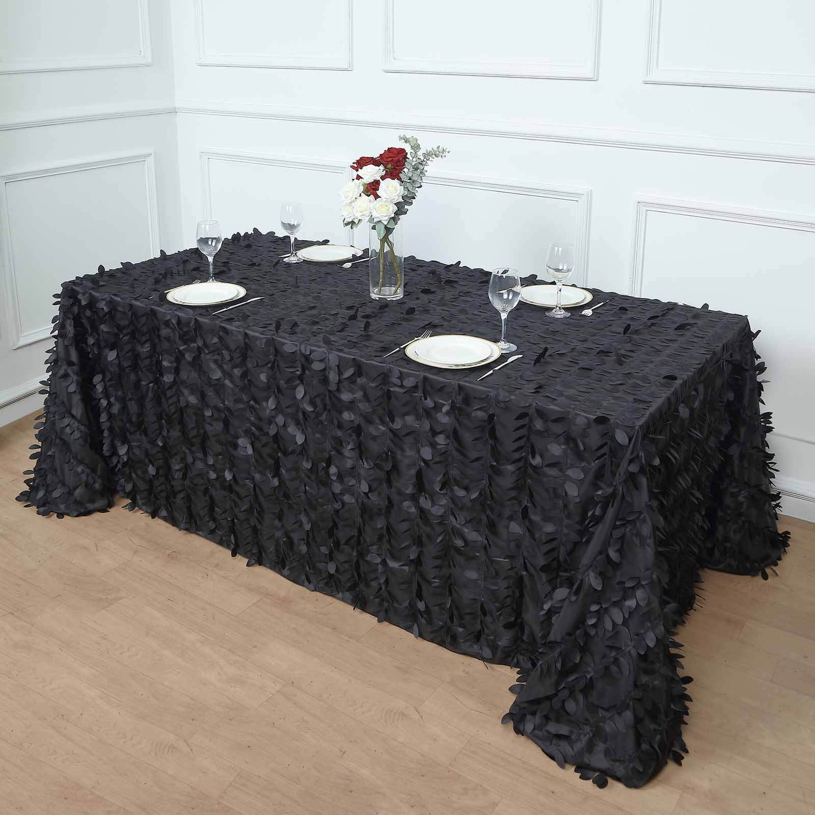 Black Taffeta Rectangle Tablecloth with 3D Leaf Petal Design | Great for Events