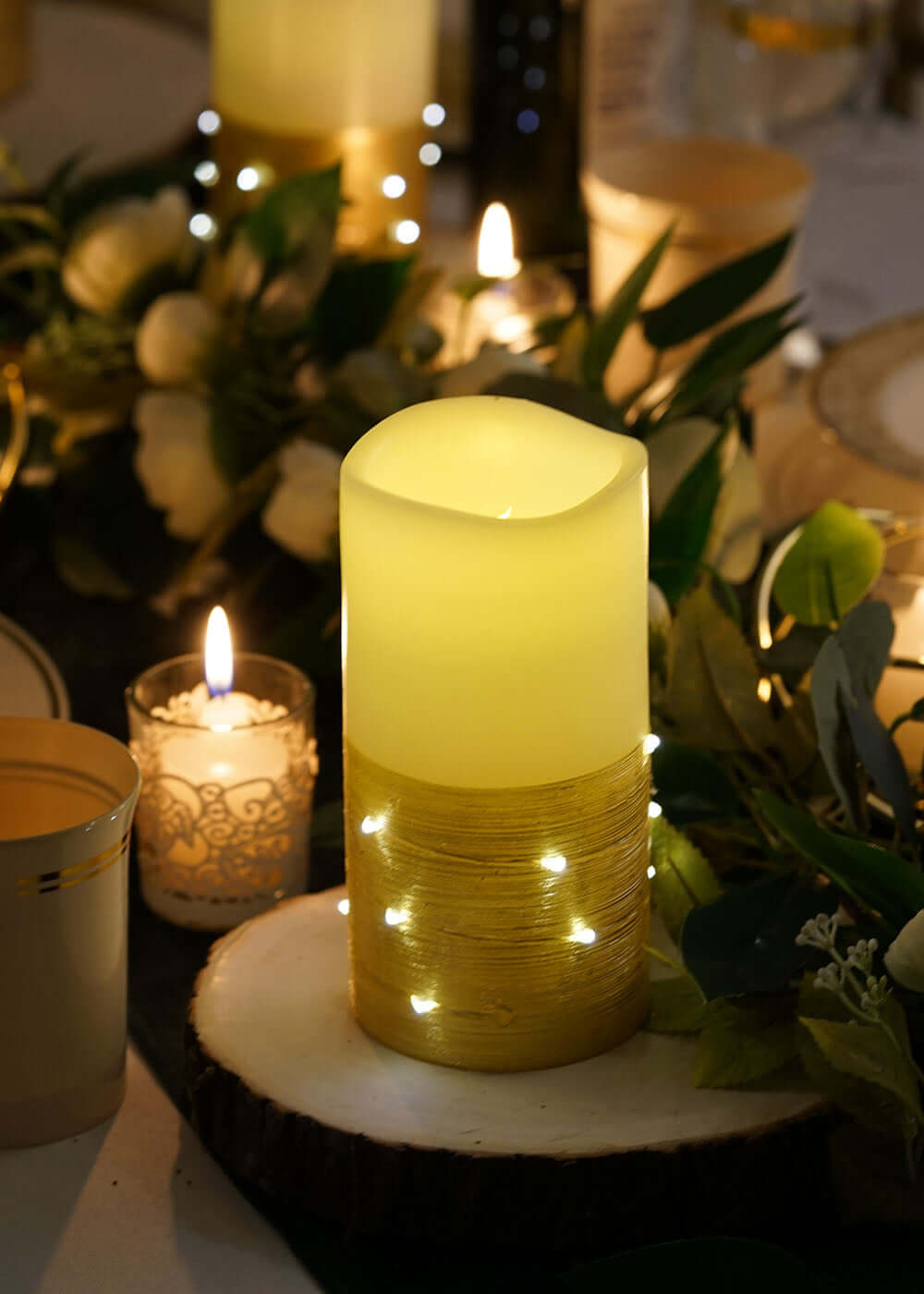 Remote-Controlled Set of 3 Gold LED Flameless Pillar Candles with Fairy String Lights (4', 5', 6')
