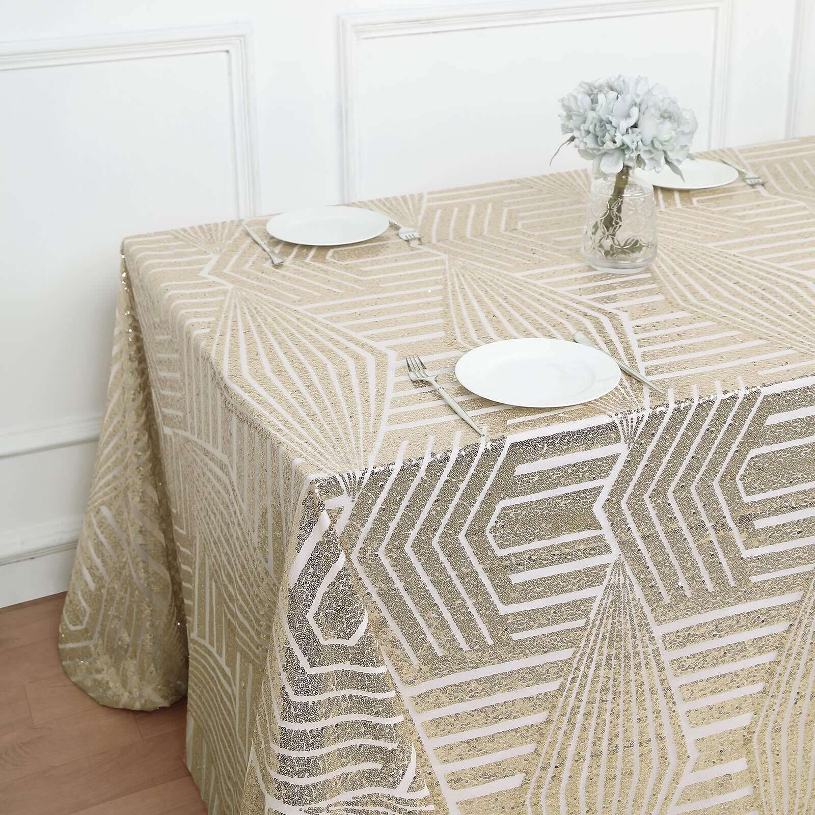 Exclusive Champagne Sequin Rectangle Tablecloth with Diamond Design