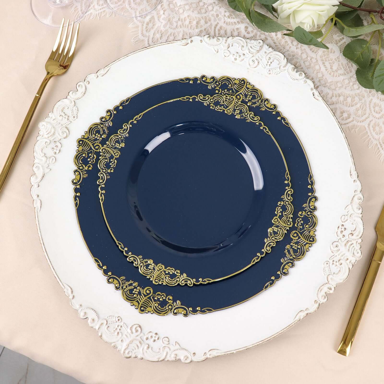 10-Pack Disposable Navy Blue Plastic Dinner Plates with Gold Leaf Embossed Rim - Vintage Baroque Style