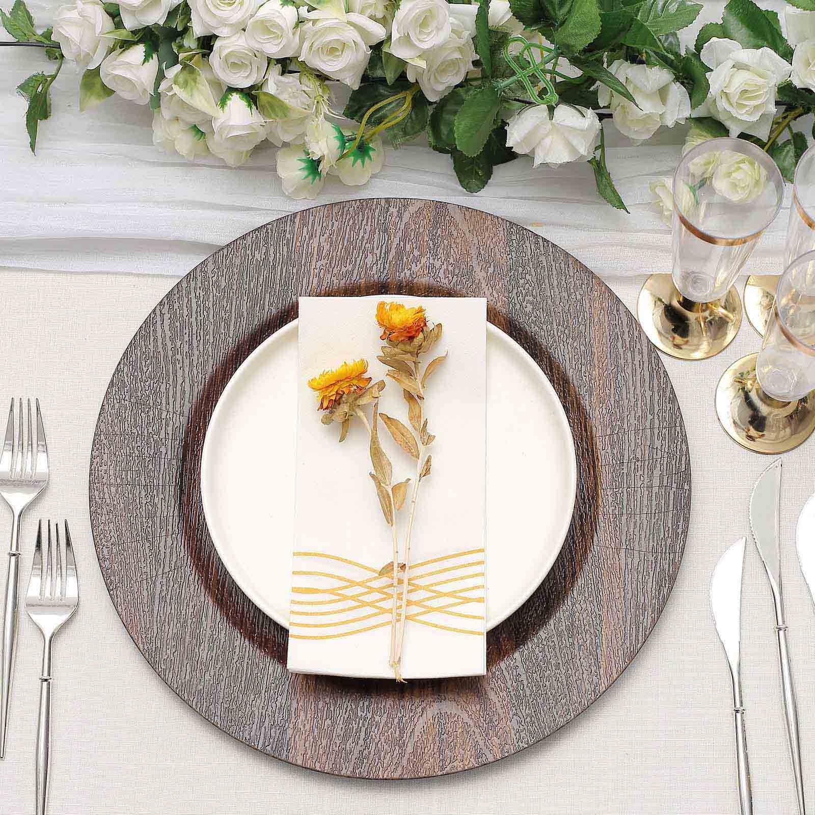Hot Sale! 6-Piece Set of 13-Inch Dark Brown Plastic Charger Plates with Faux Wood Finish for Rustic Boho Dinner Parties