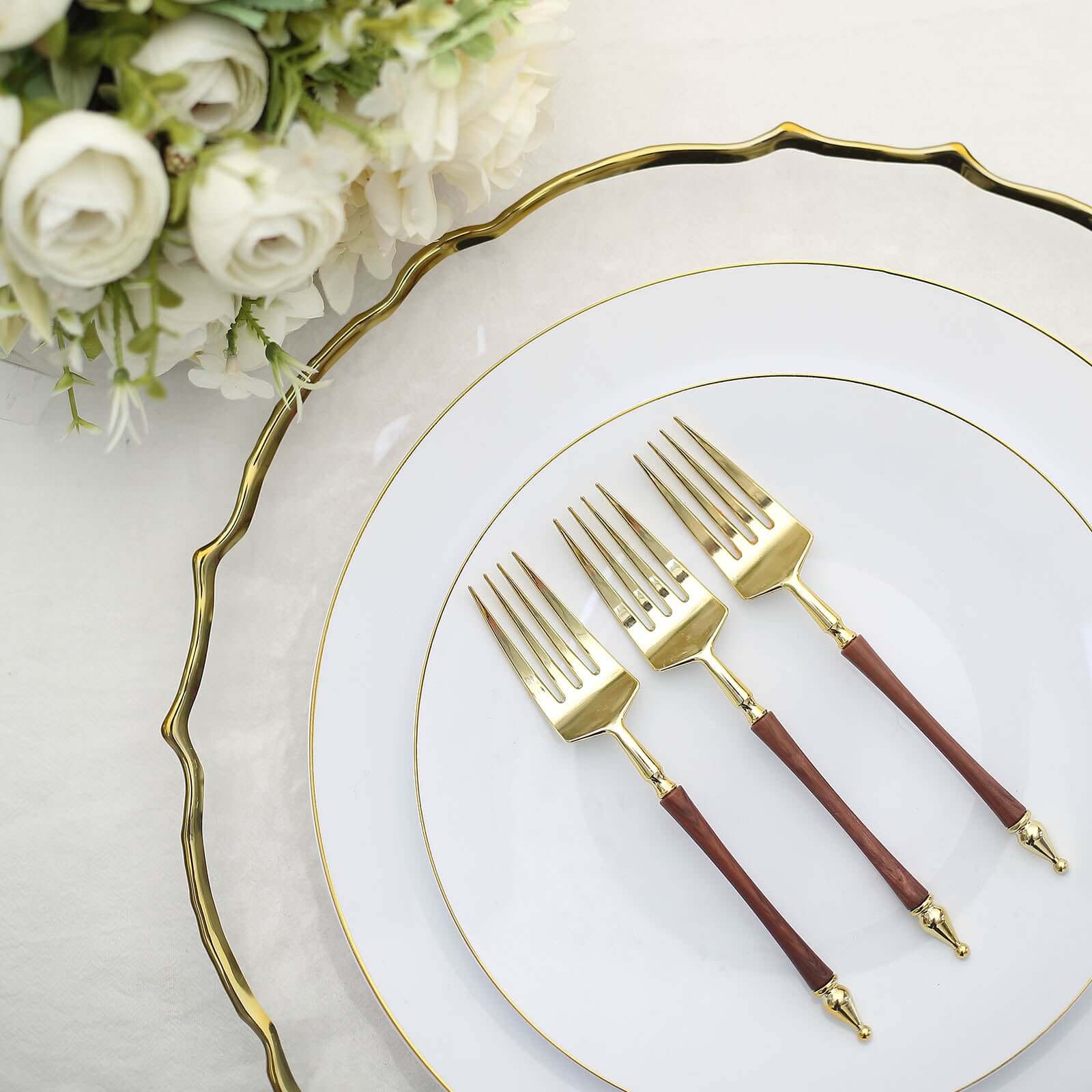 24-Pack Gold/Brown European-Style Disposable Dessert Forks with Roman Column Handles