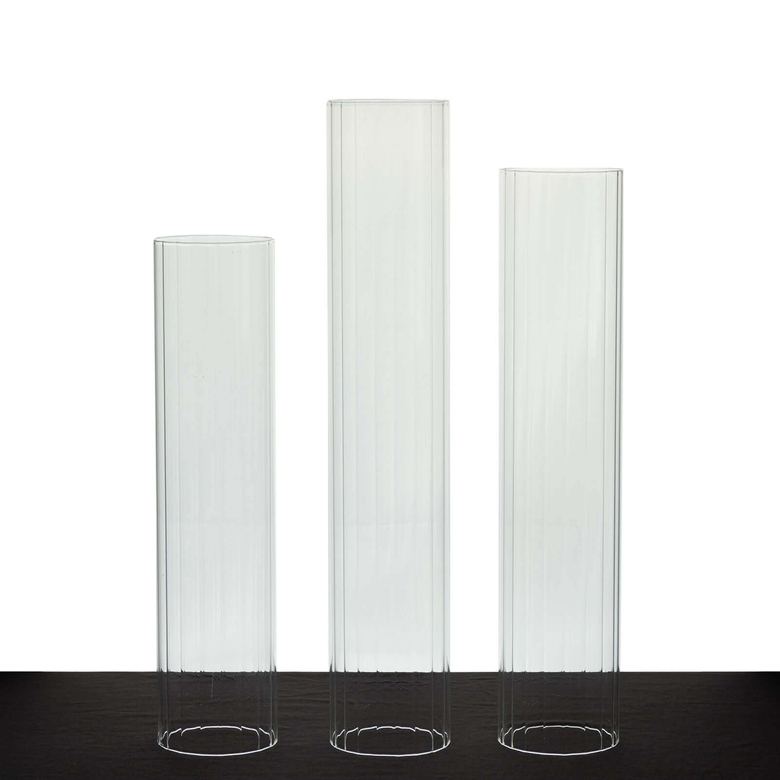 Stylish Set of 3 Clear Ribbed Glass Hurricane Shades for Candles - 15', 17', 19'