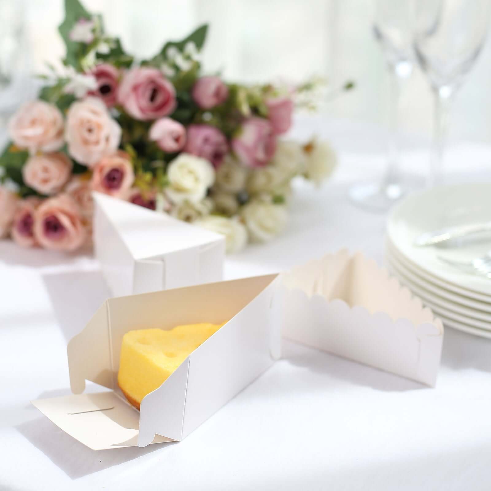 10-Pack White Cardstock Cake Slice Boxes with Scalloped Top - Ideal Decorative Dessert Containers for Party Favors