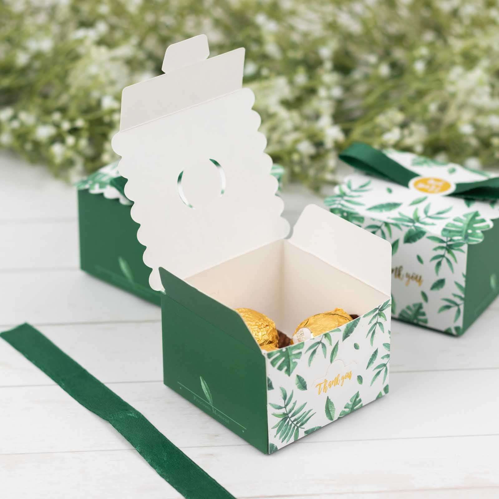 25-Piece Set of Green Monstera Leaf Printed Candy Gift Boxes with Satin Ribbon Bows
