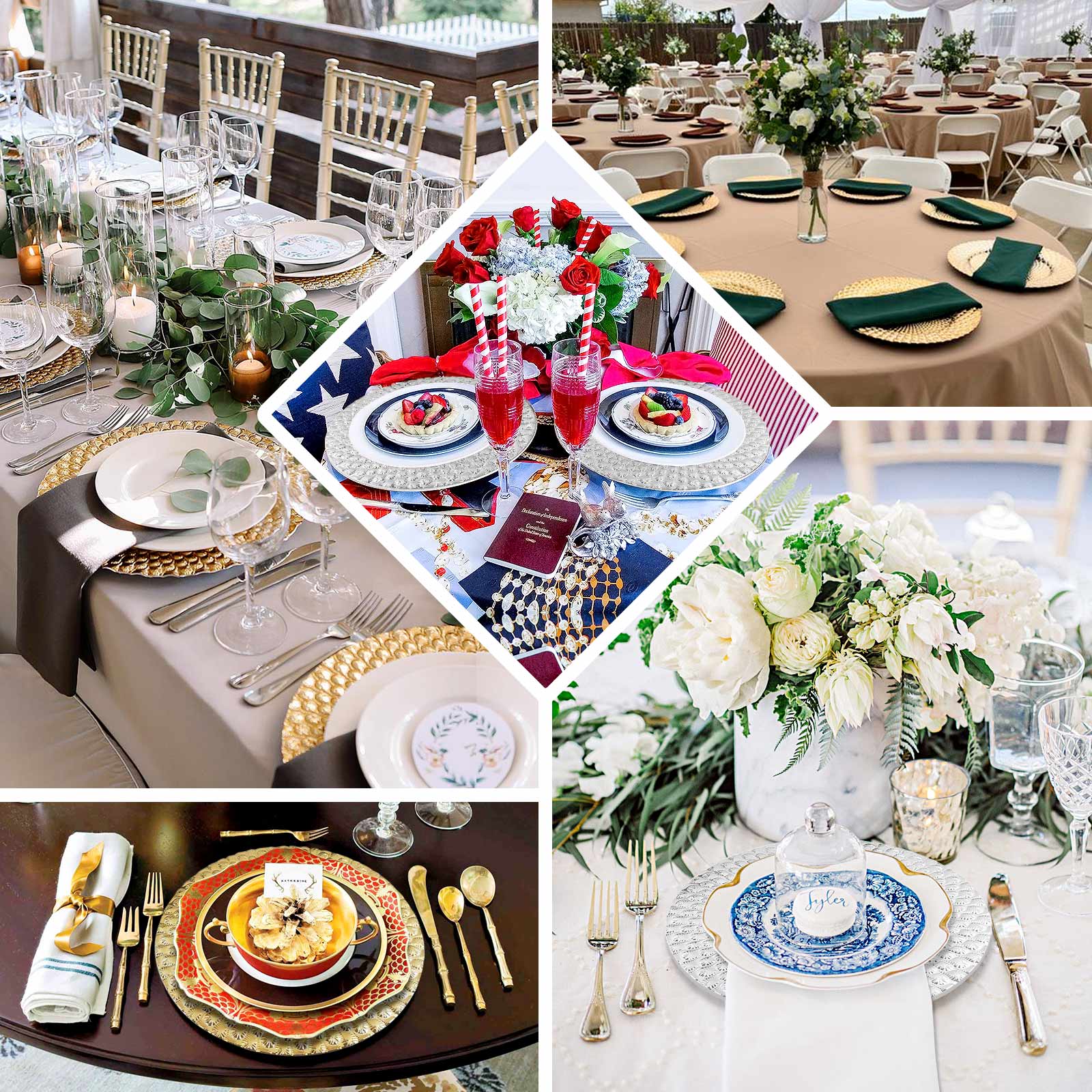 Set of 6 Gold Plastic Round Charger Plates with Peacock Pattern, 13-inch for Elegant Dinner Parties