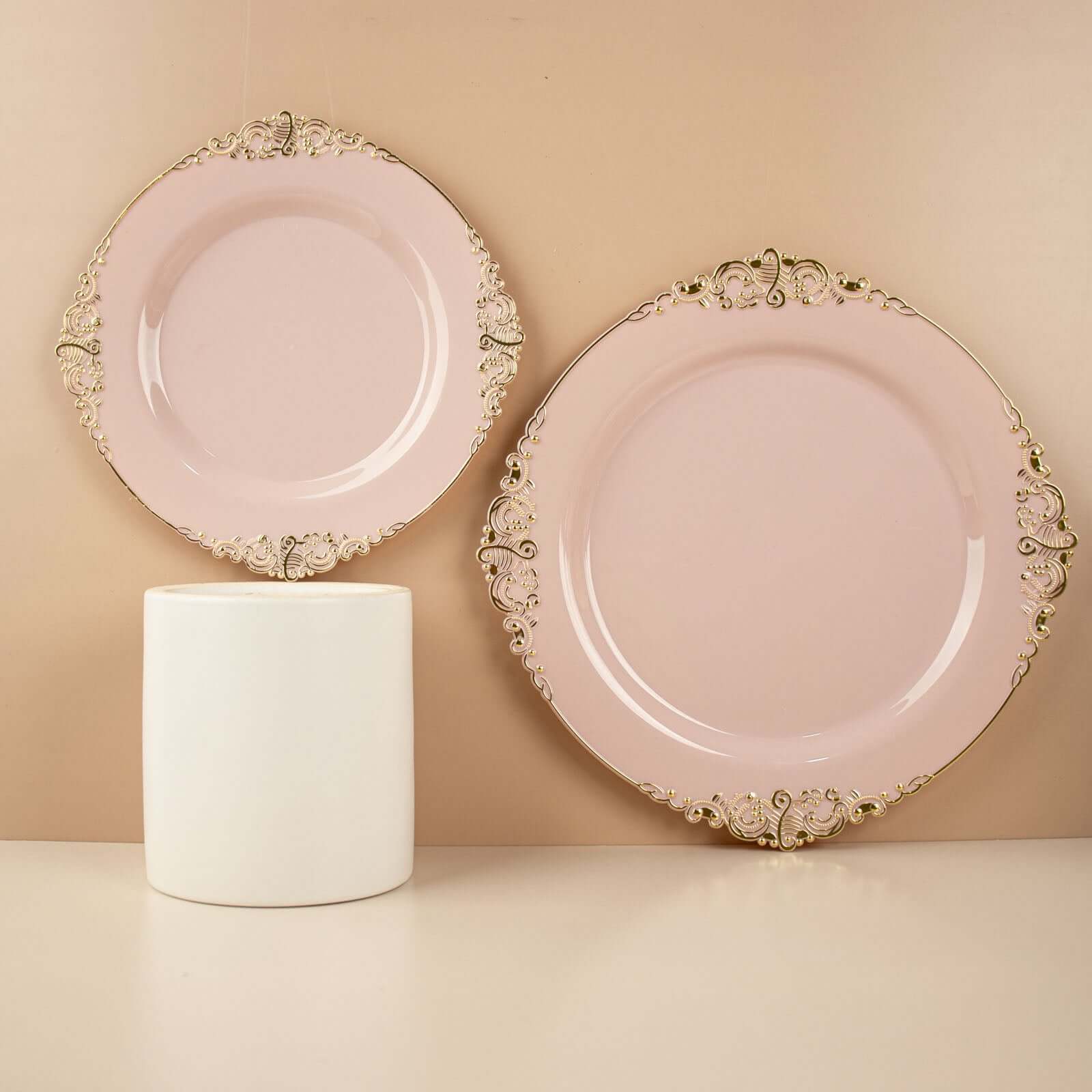 10-Pack Disposable Vintage Blush Plastic Round Dessert Plates with Gold Leaf Embossed Rim - Ideal for Events