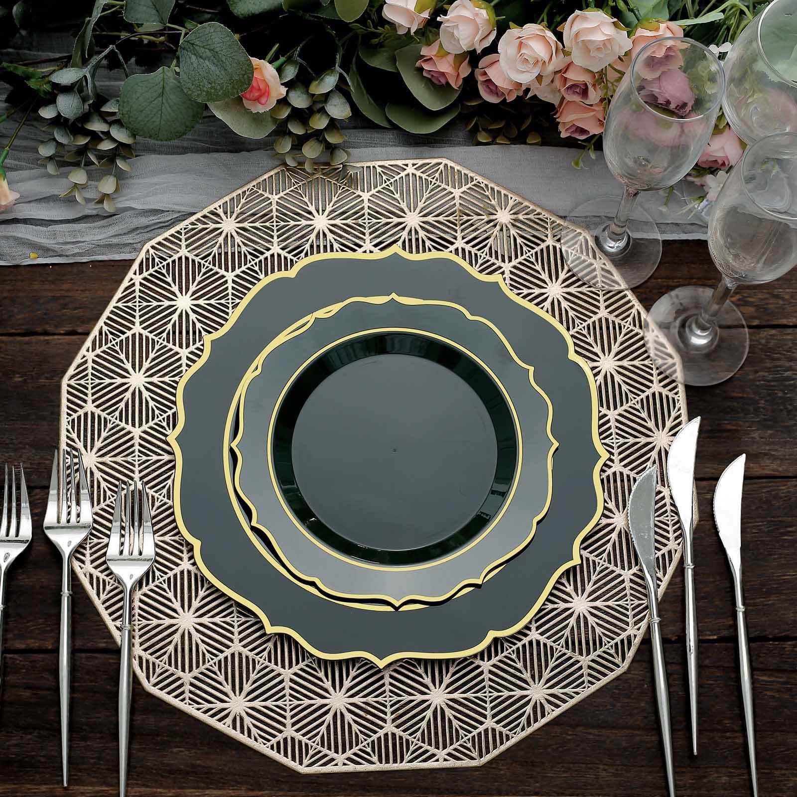 10-Pack Disposable 8-Inch Round Salad Plates in Hunter Green with Gold Scalloped Rim