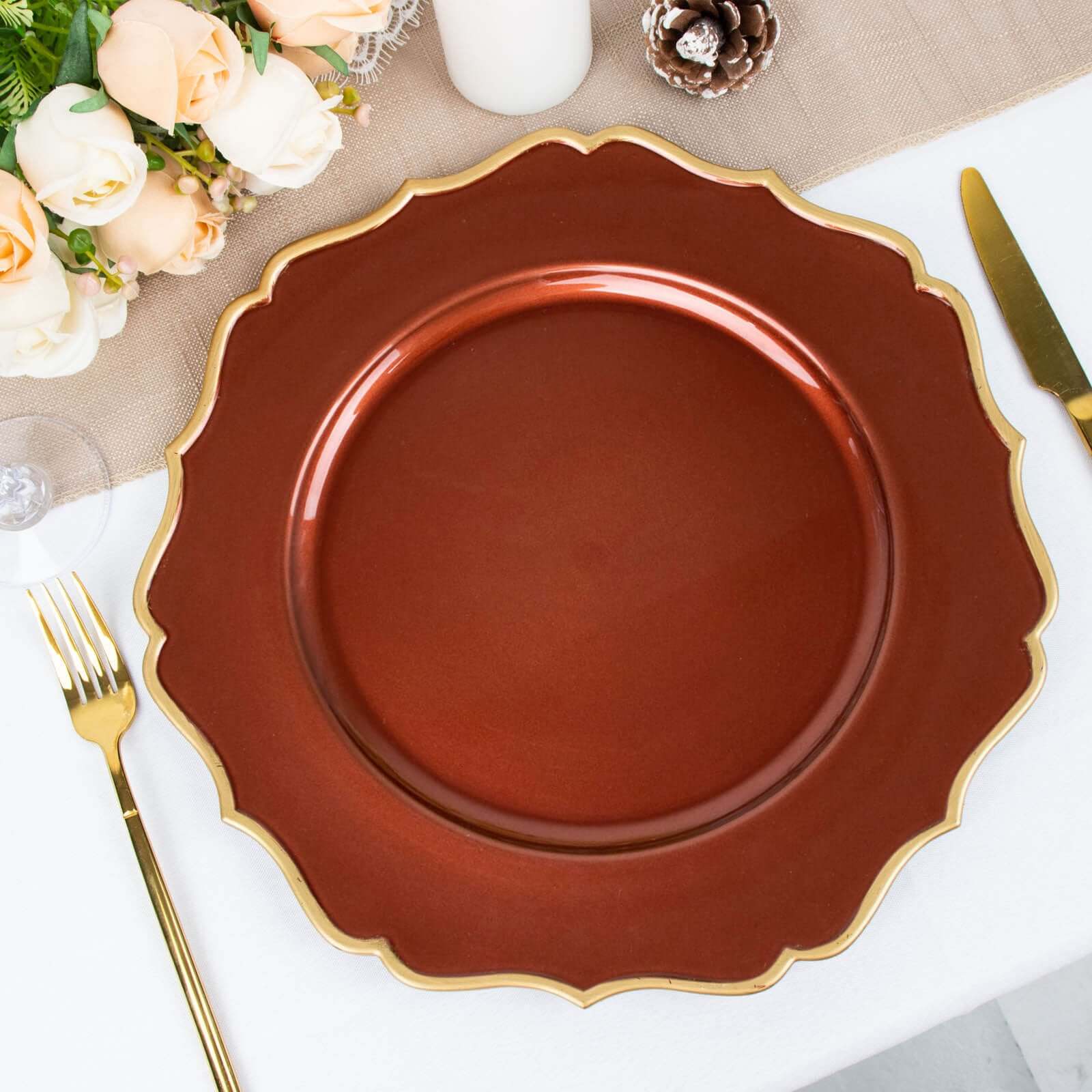 Hot Sale! 6-Piece Set of 13-Inch Terracotta (Rust) Acrylic Charger Plates with Gold Scalloped Rim for Dinner Parties