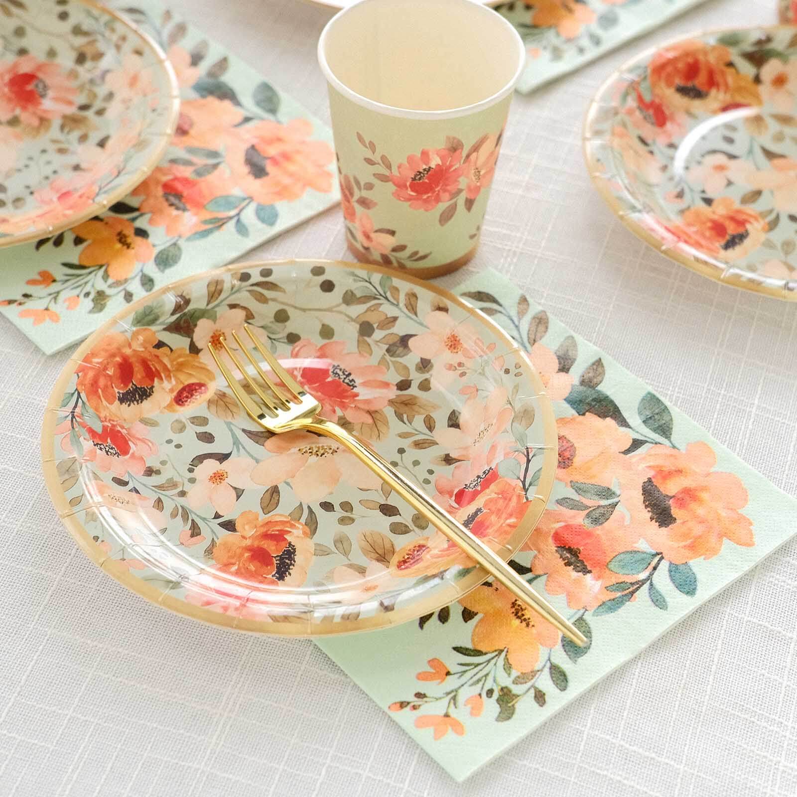 72-Piece Disposable Paper Dinnerware Set with Pink Floral and Sage Green Design