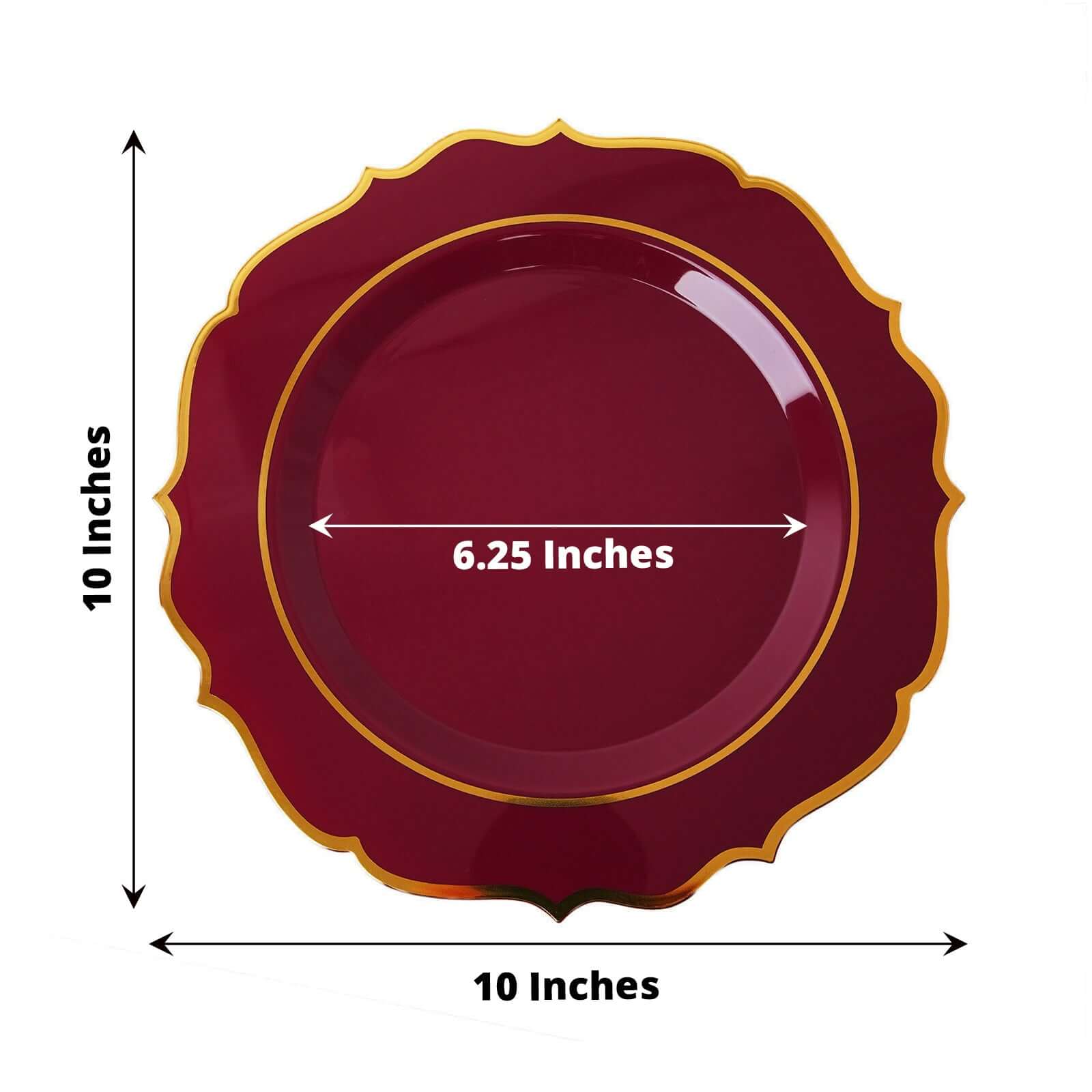 10-Pack Disposable Burgundy Plastic Round Dinner Plates with Gold Scalloped Rim - Ideal for Parties