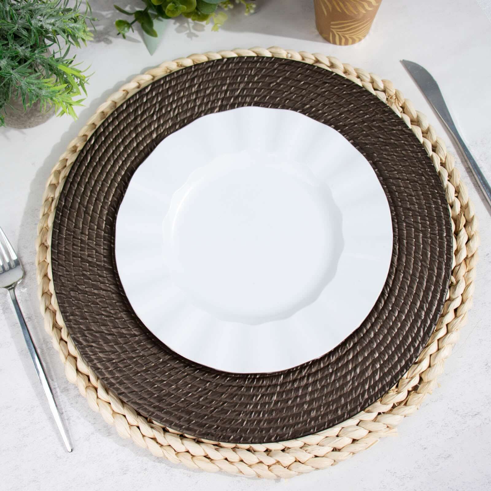 6-Piece Set of 13-Inch Natural Brown Acrylic Charger Plates with Rattan Look, Reusable for Events