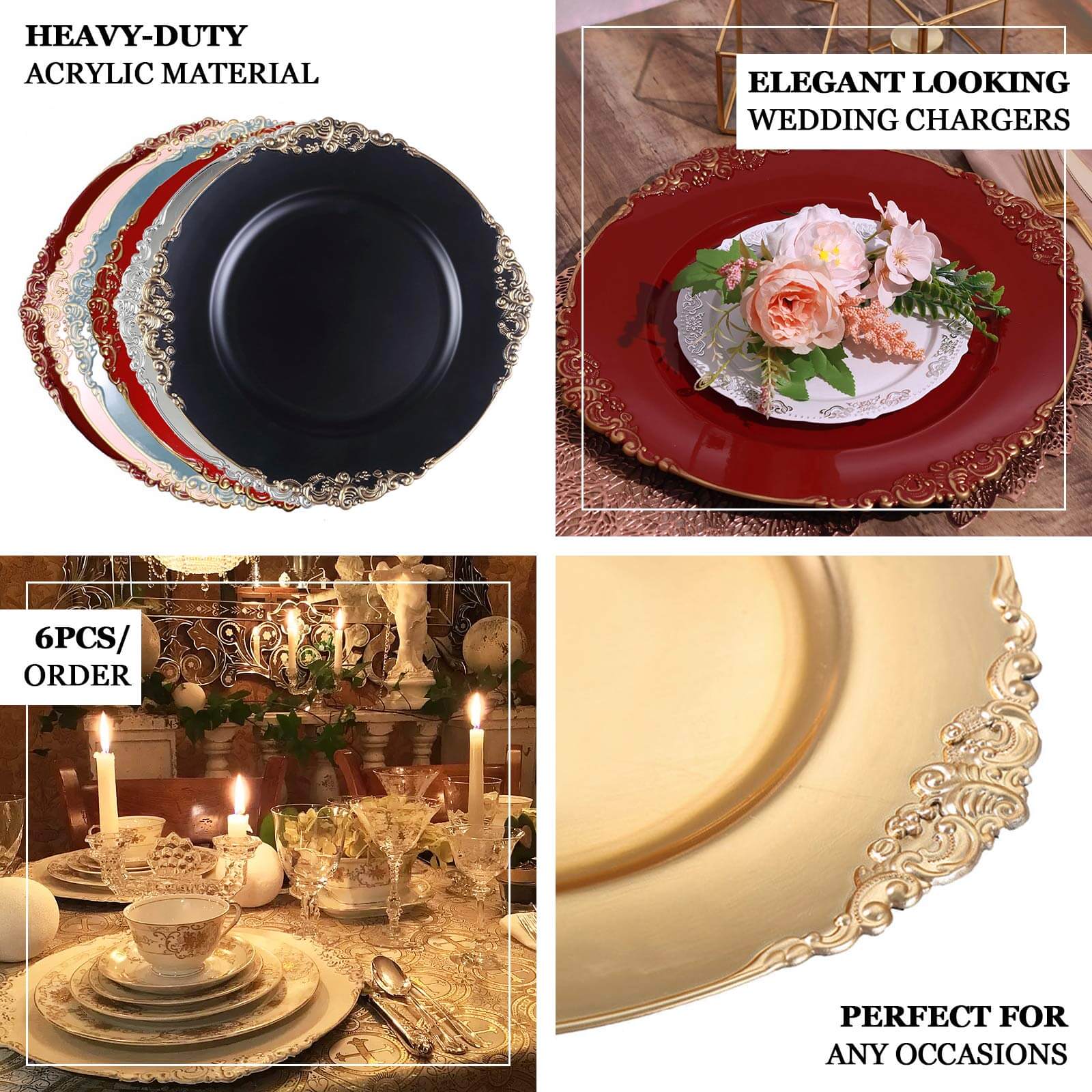 6-Piece Set of 13-Inch Burgundy Acrylic Round Charger Plates with Gold Embossed Baroque Rim for Decorative Dinners