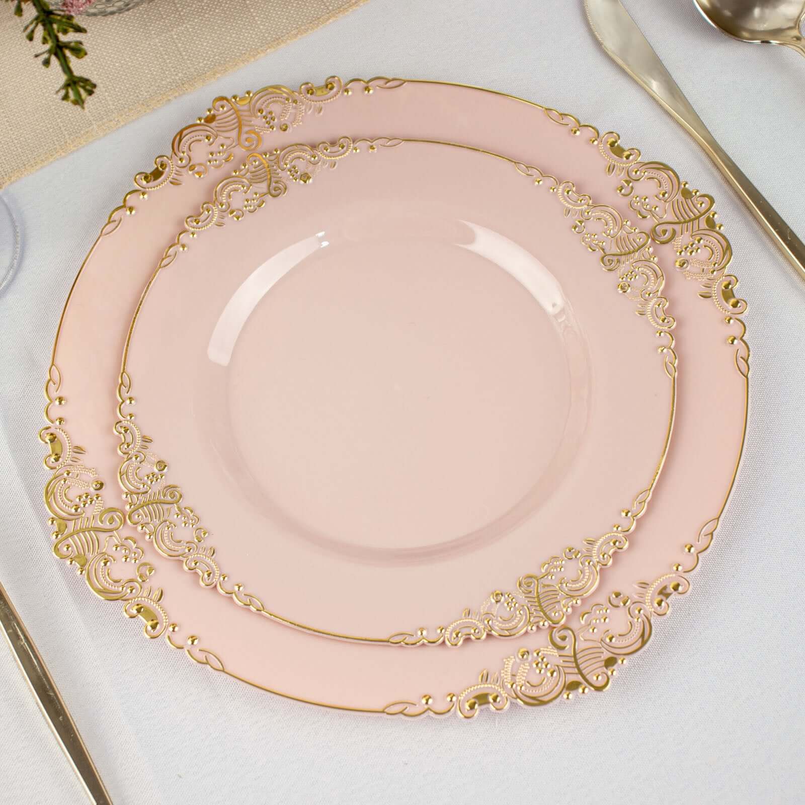 10-Pack Disposable Vintage Blush Plastic Round Dessert Plates with Gold Leaf Embossed Rim - Ideal for Events