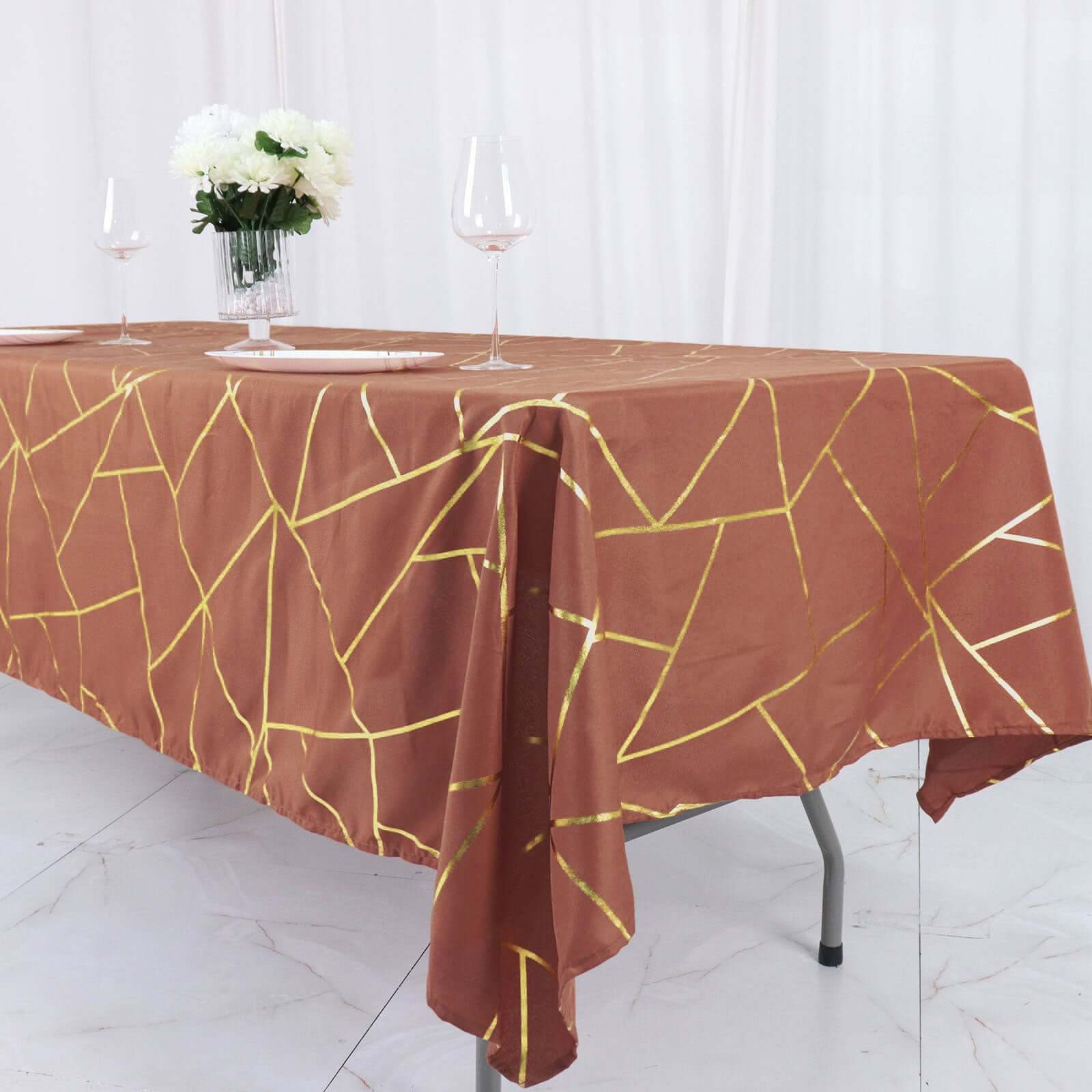 Wrinkle-Resistant & Durable Polyester Rectangle Tablecloth in Terracotta with Gold Foil Geometric Design - Ideal for Events