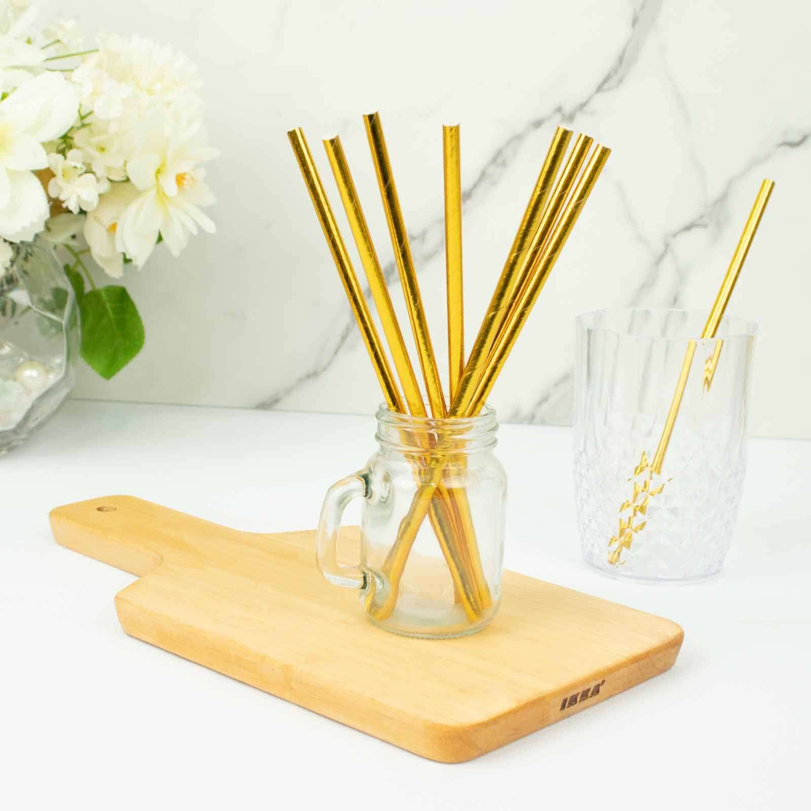 50-Pack Disposable Biodegradable Metallic Gold Foil Paper Straws - Ideal for Events