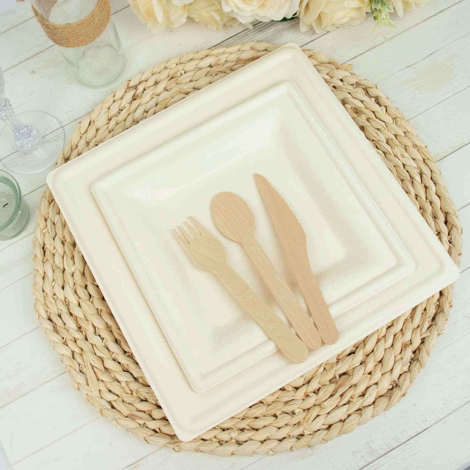 50-Pack White Bagasse 8" Square Wide Rim Dessert/Salad Plates - Eco-Friendly for Parties