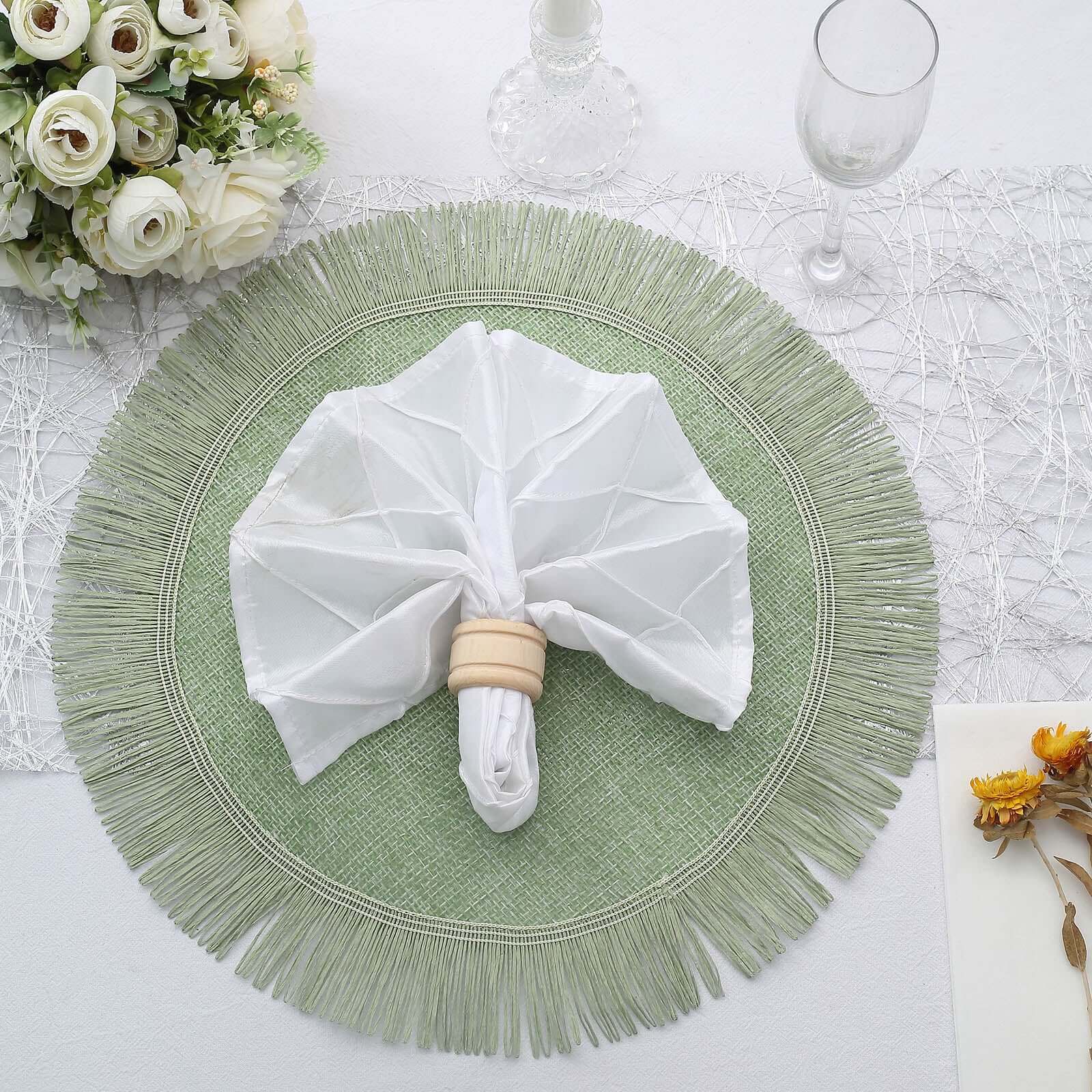 4-Piece Sage Green Jute Round Placemats with Fringe Edge - Rustic Boho Table Decor