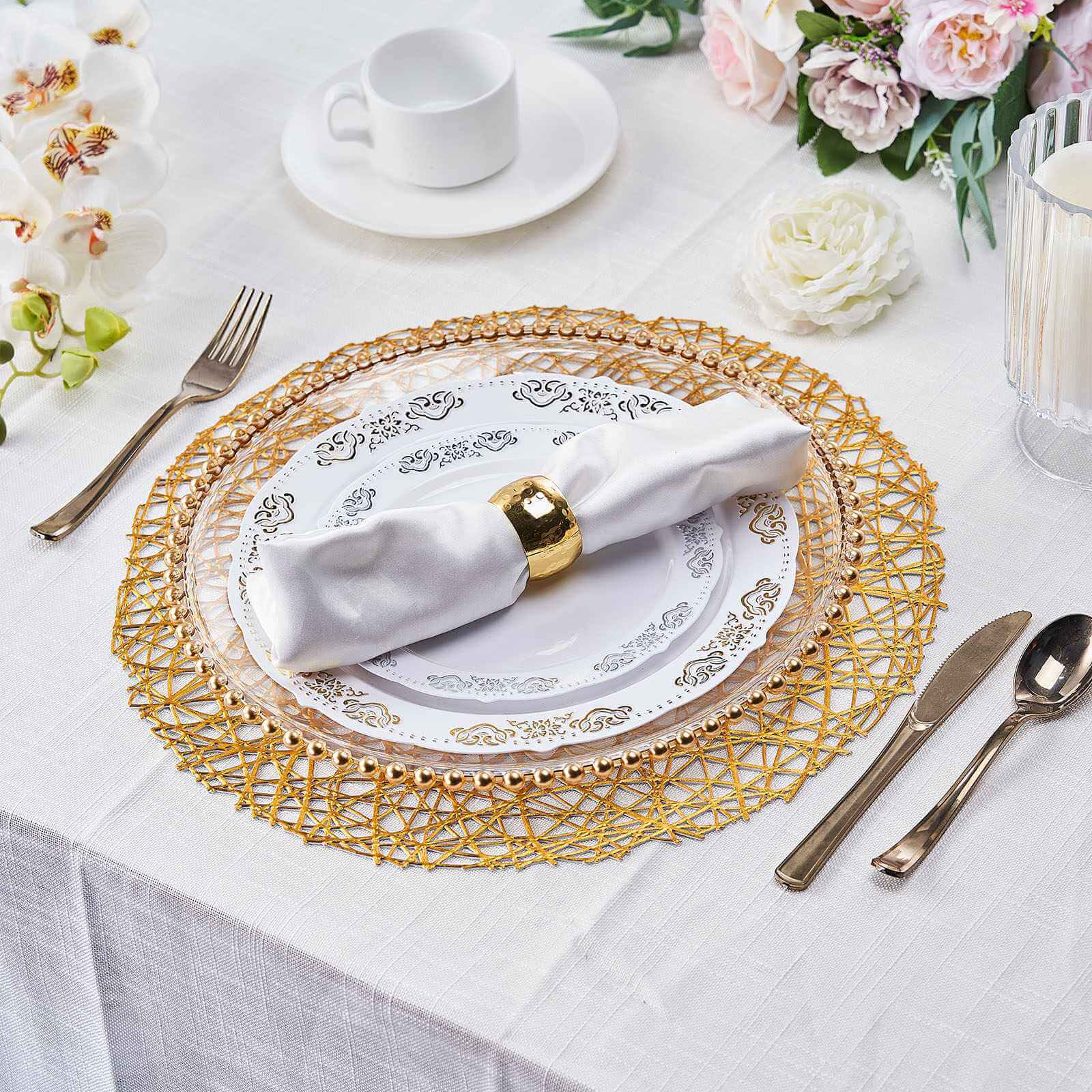 6-Piece Set of Durable Gold Vinyl Round Woven Non-Slip Dining Placemats 15