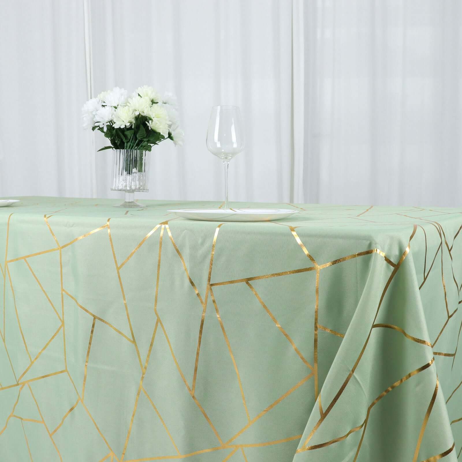 Hot! Wrinkle-Resistant Sage Green Polyester Tablecloth with Gold Foil Geometric Pattern, 90x132