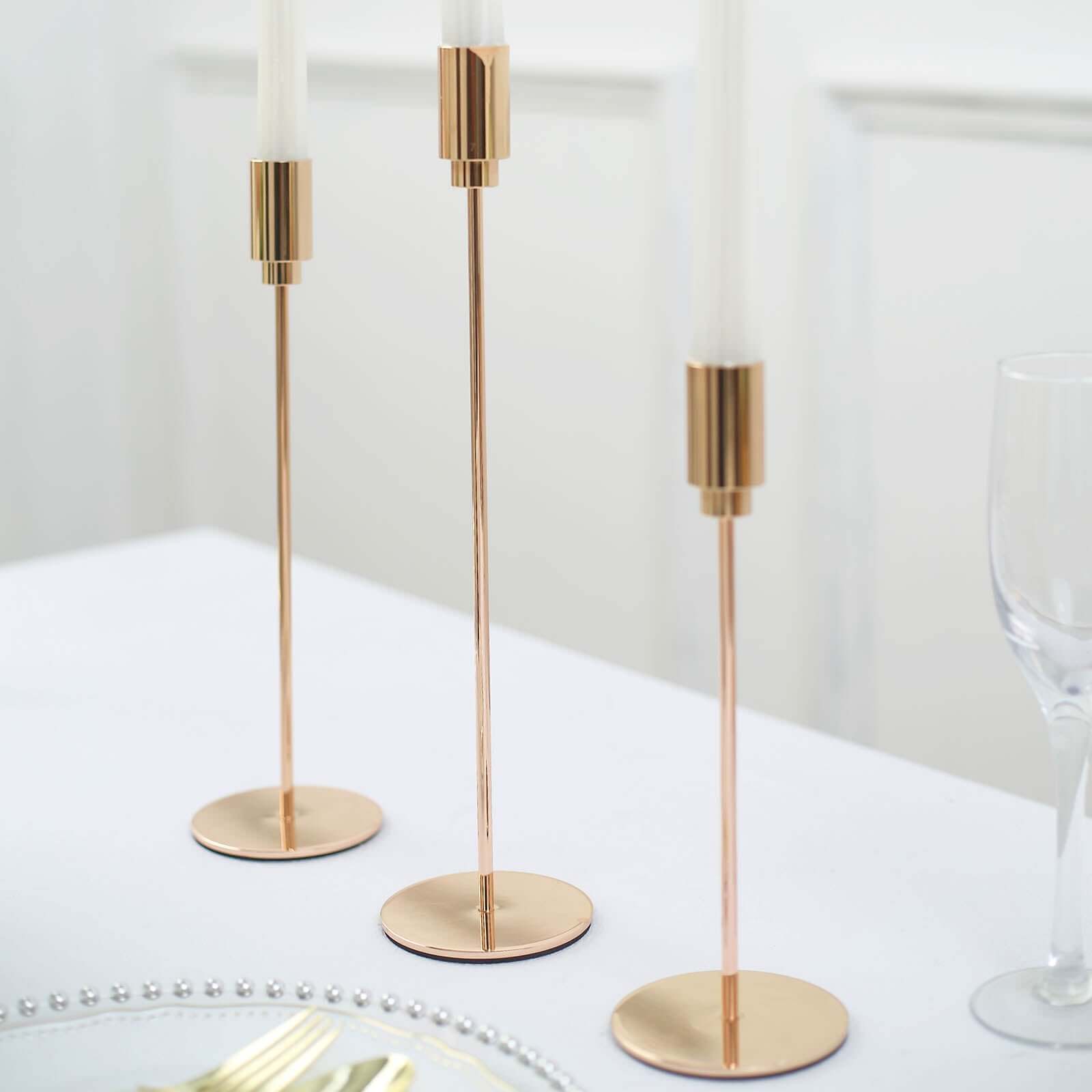 Gold Metal Set of 3 Taper Candle Stands with Round Base - Ideal for Weddings