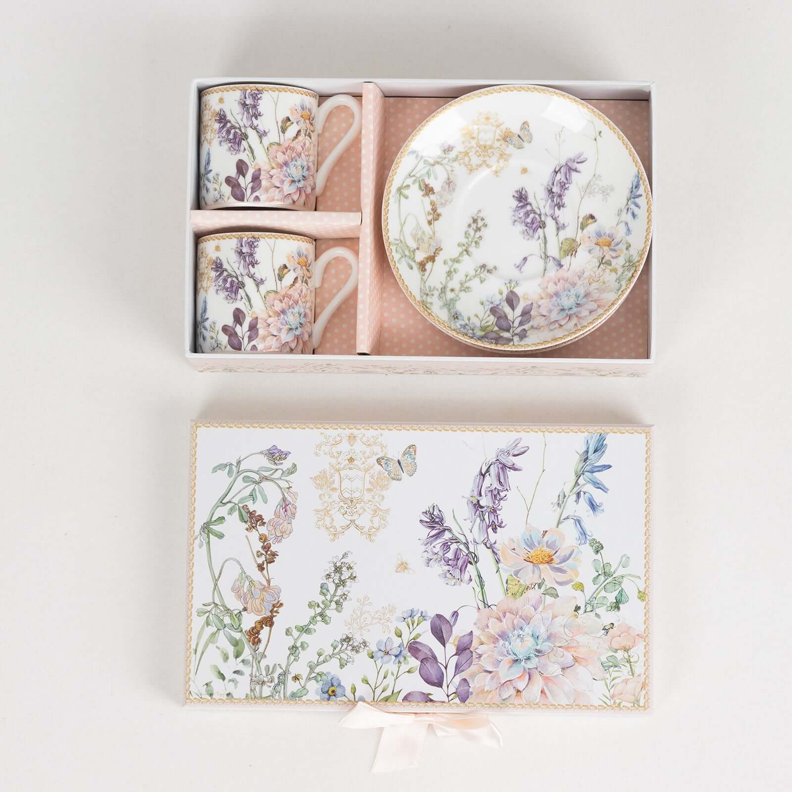 Blush Floral-Printed Porcelain Espresso Cups and Saucers Set of 2 with Gift Box
