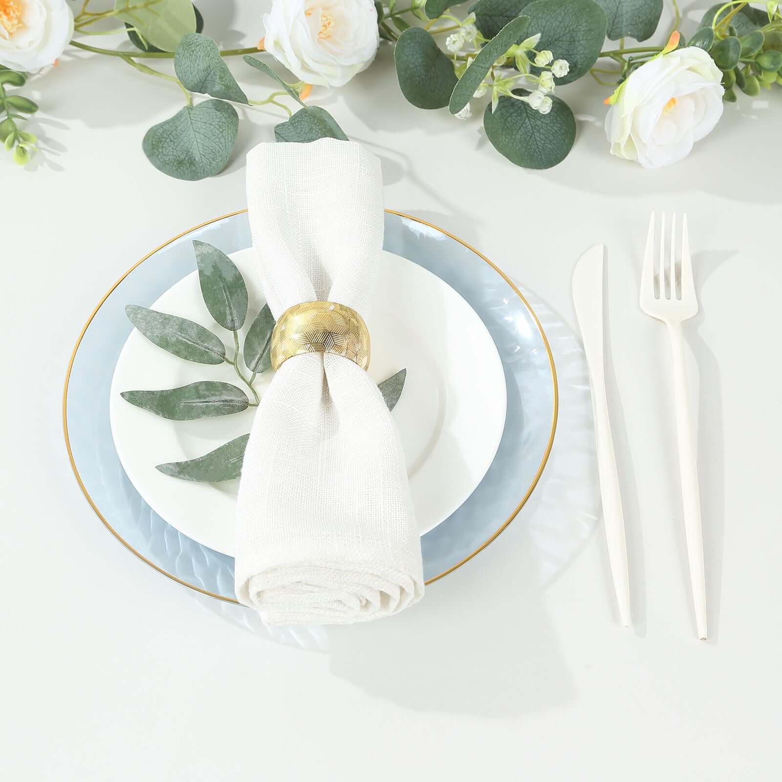 10-Pack 9-Inch Transparent Dusty Blue Hammered Plastic Dinner Plates with Gold Rim - Disposable for Parties