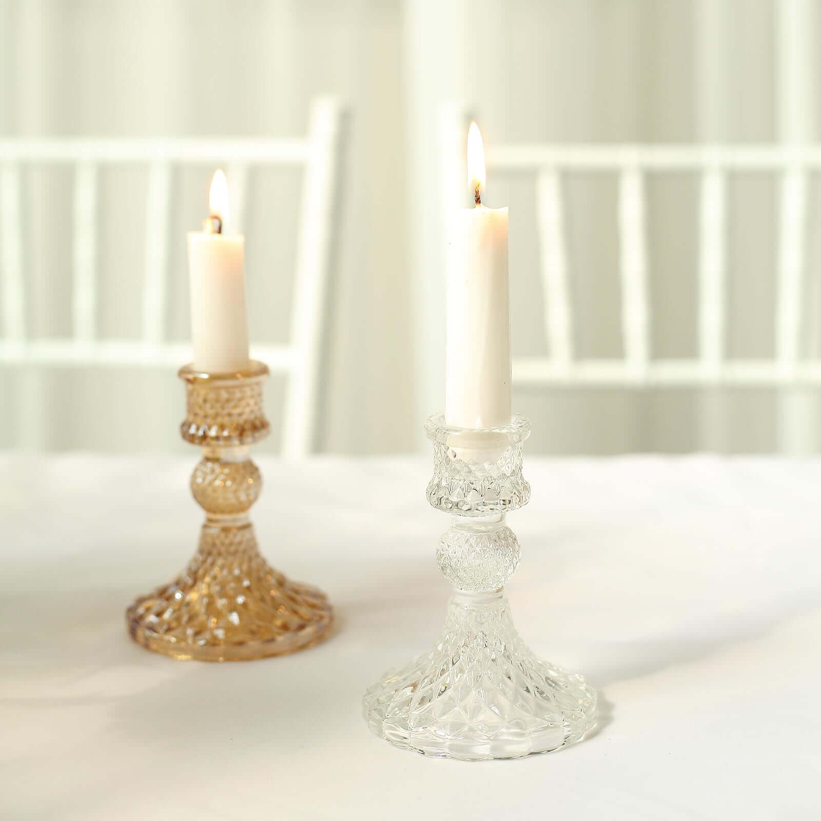 6-Piece Clear Glass Taper & Pillar Candle Holders with Diamond Pattern