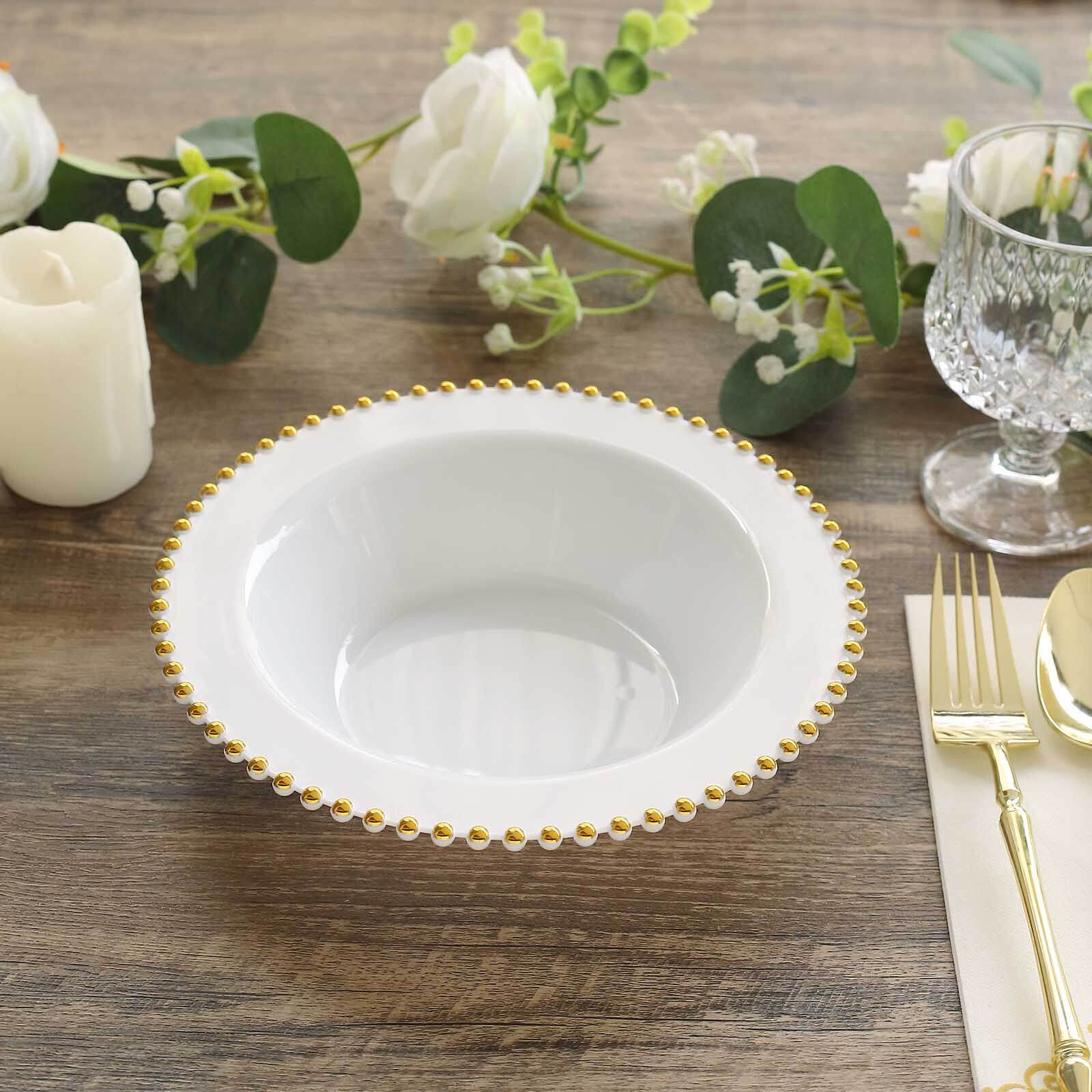 10-Pack 12oz Disposable White Plastic Salad & Soup Bowls with Gold Beaded Rim - Great Value!
