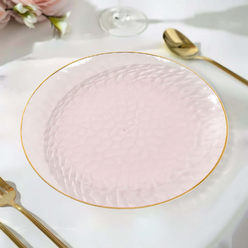 10-Piece Set of 9-Inch Transparent Blush Plastic Dinner Plates with Hammered Gold Rim - Disposable for Parties