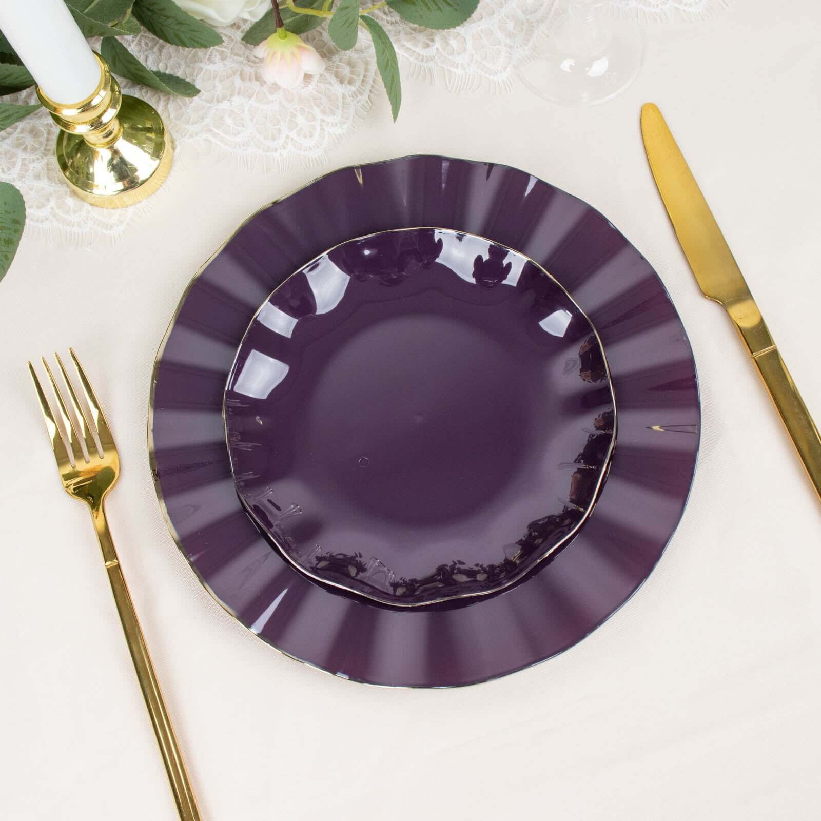 10-Pack Purple Plastic Round Dessert Plates with Gold Edging - Sturdy Disposable Dinnerware