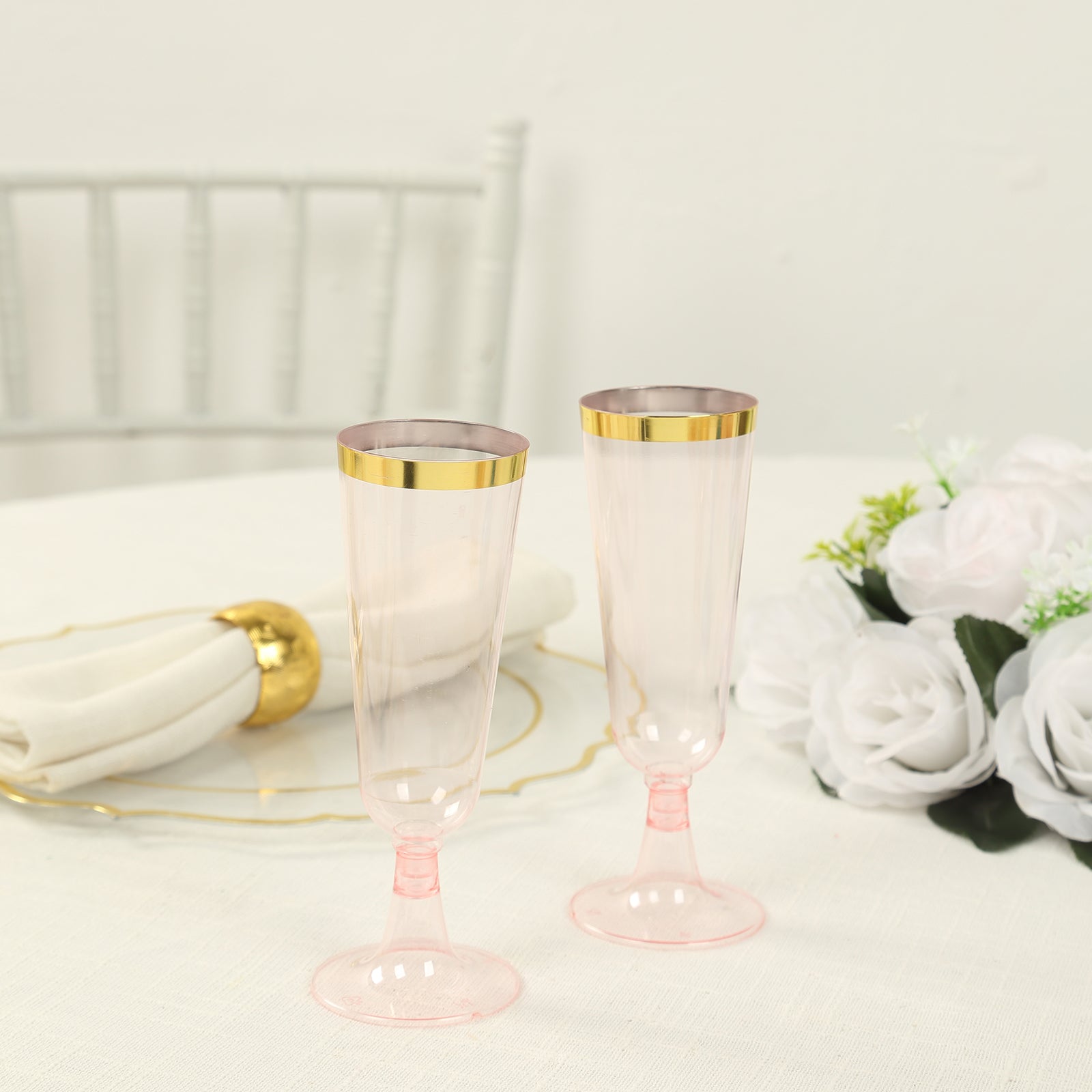 12-Pack Disposable 5oz Transparent Blush Plastic Champagne Flutes with Gold Rim for Parties