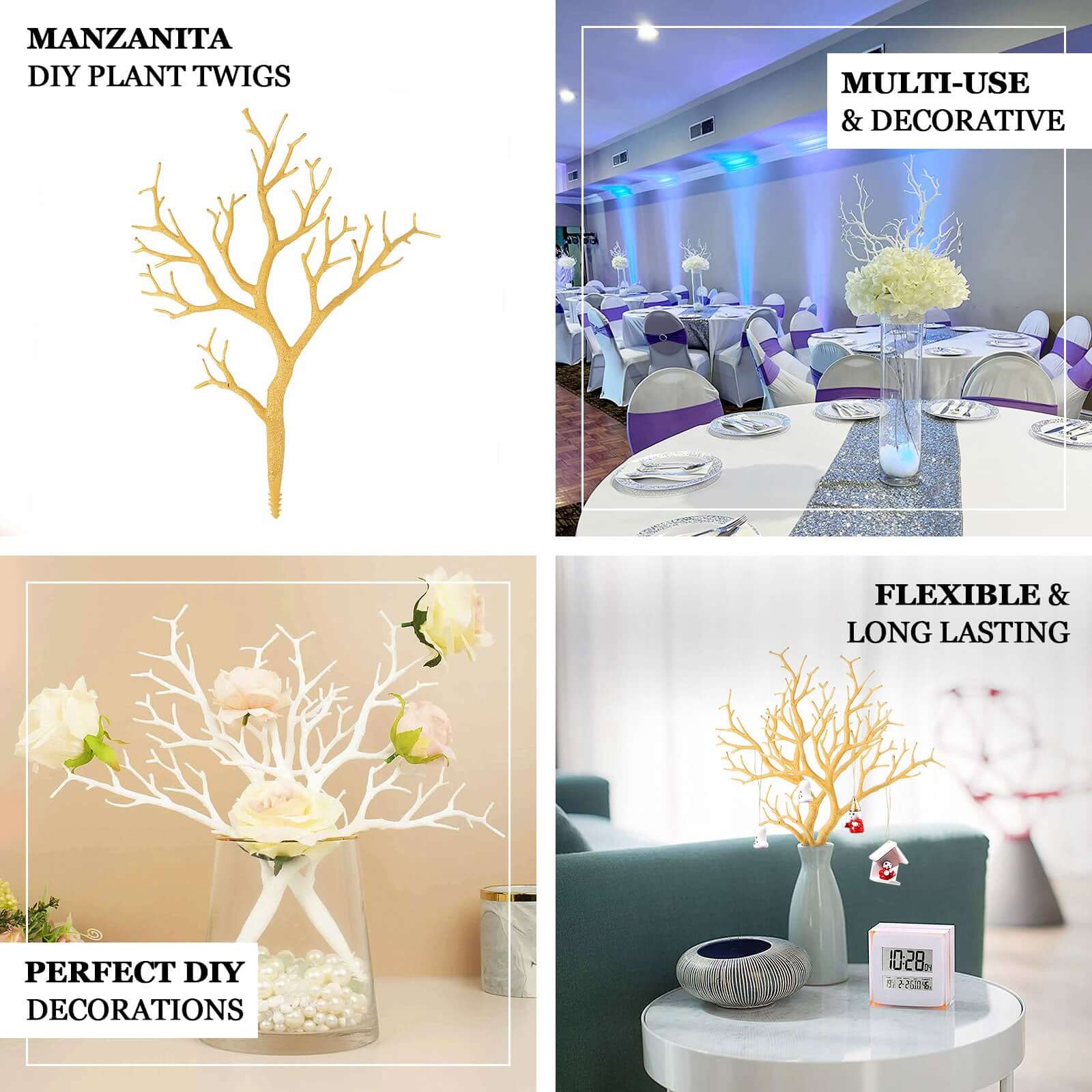 10-Piece Set of Metallic Gold Artificial Manzanita Tree Branches - Ideal for Vase Filler, Home & Wedding Decor