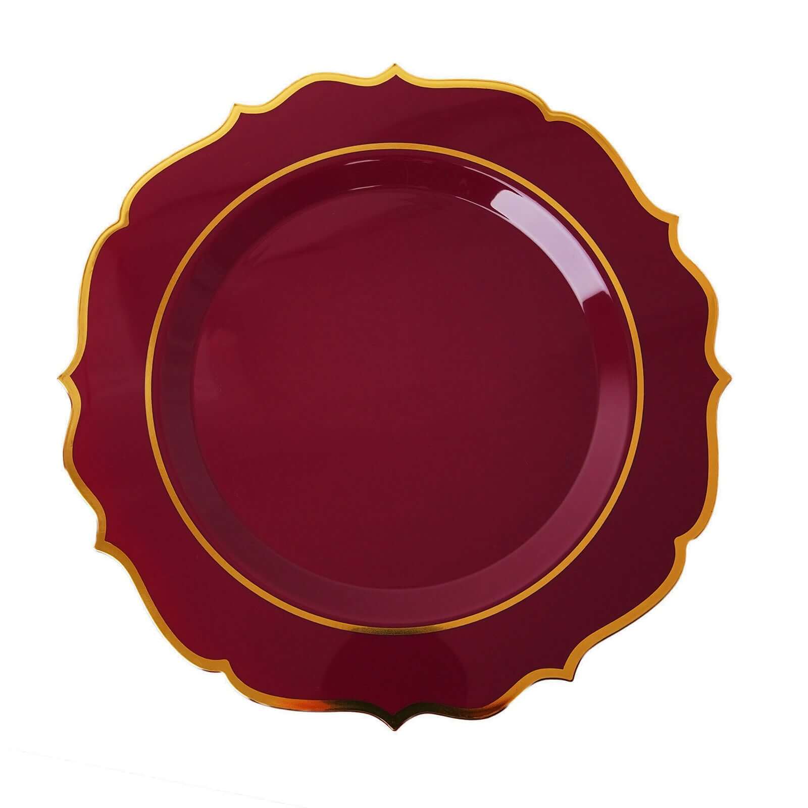 10-Pack Disposable Burgundy Plastic Round Dinner Plates with Gold Scalloped Rim - Ideal for Parties