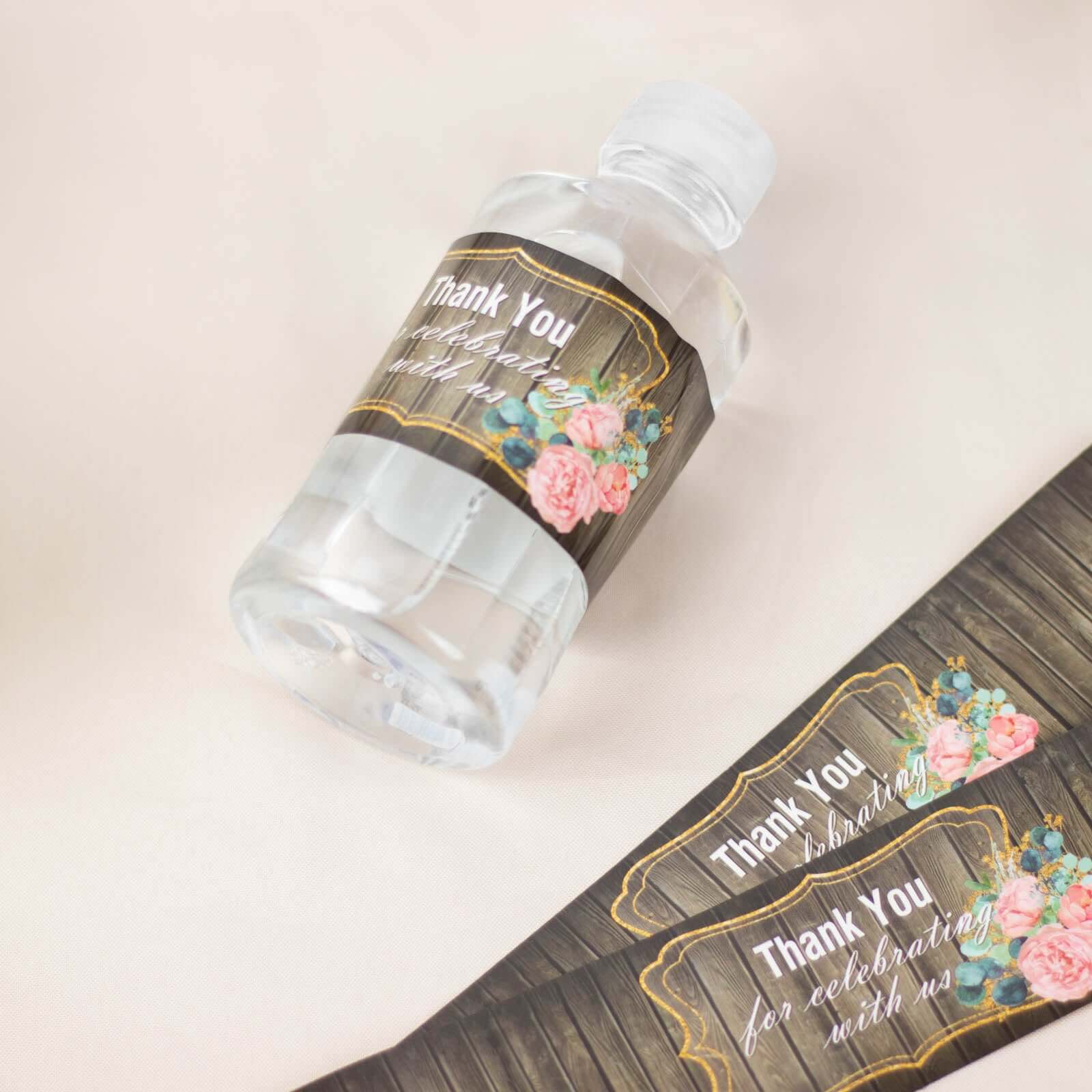 24-Pack Waterproof Rustic Water Bottle Labels with Gold Floral Frame - Thank You!