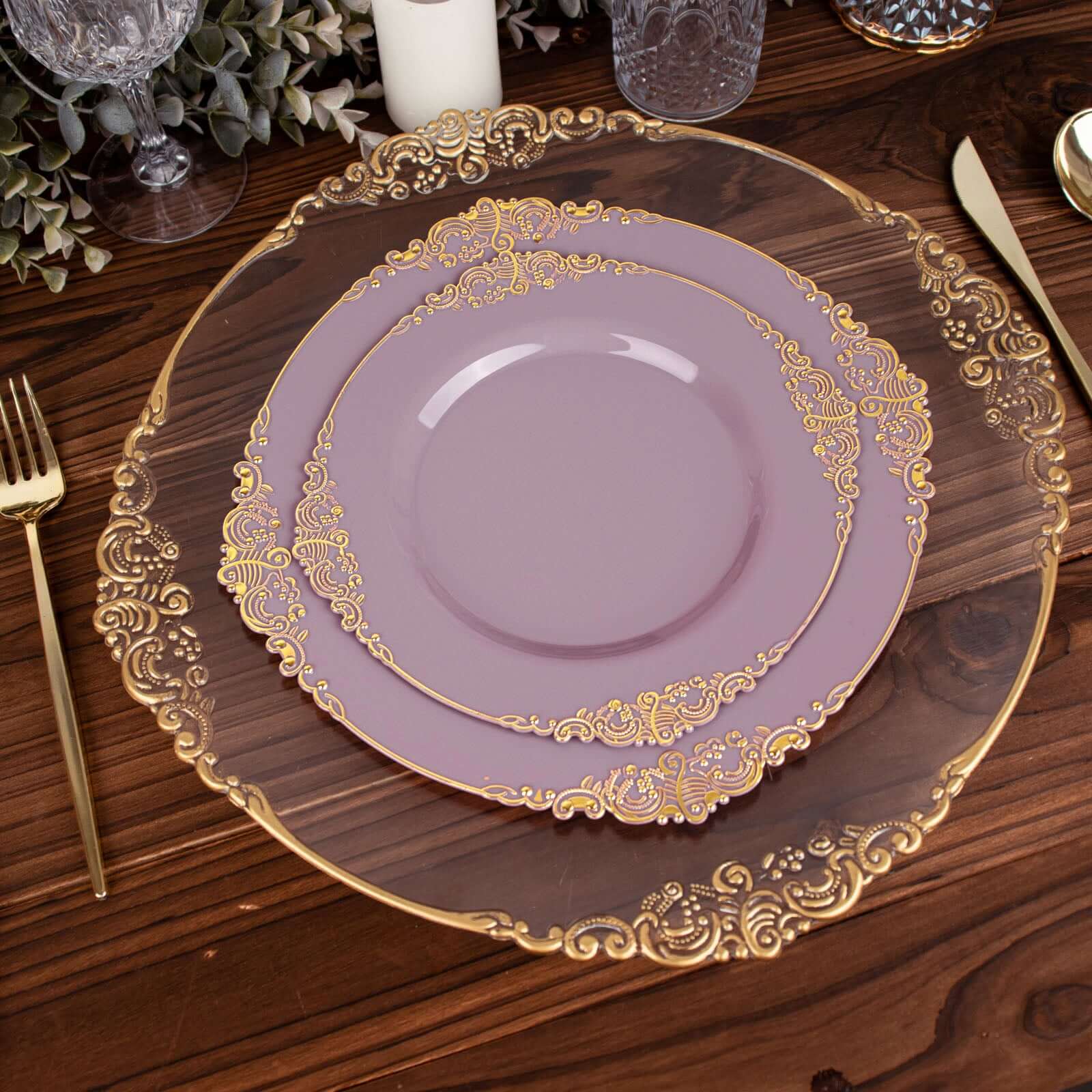 Hot Deal! 10-Pack Disposable Plastic Round Dinner Plates in Lavender Lilac with Gold Leaf Embossed Rim, Vintage Baroque Style
