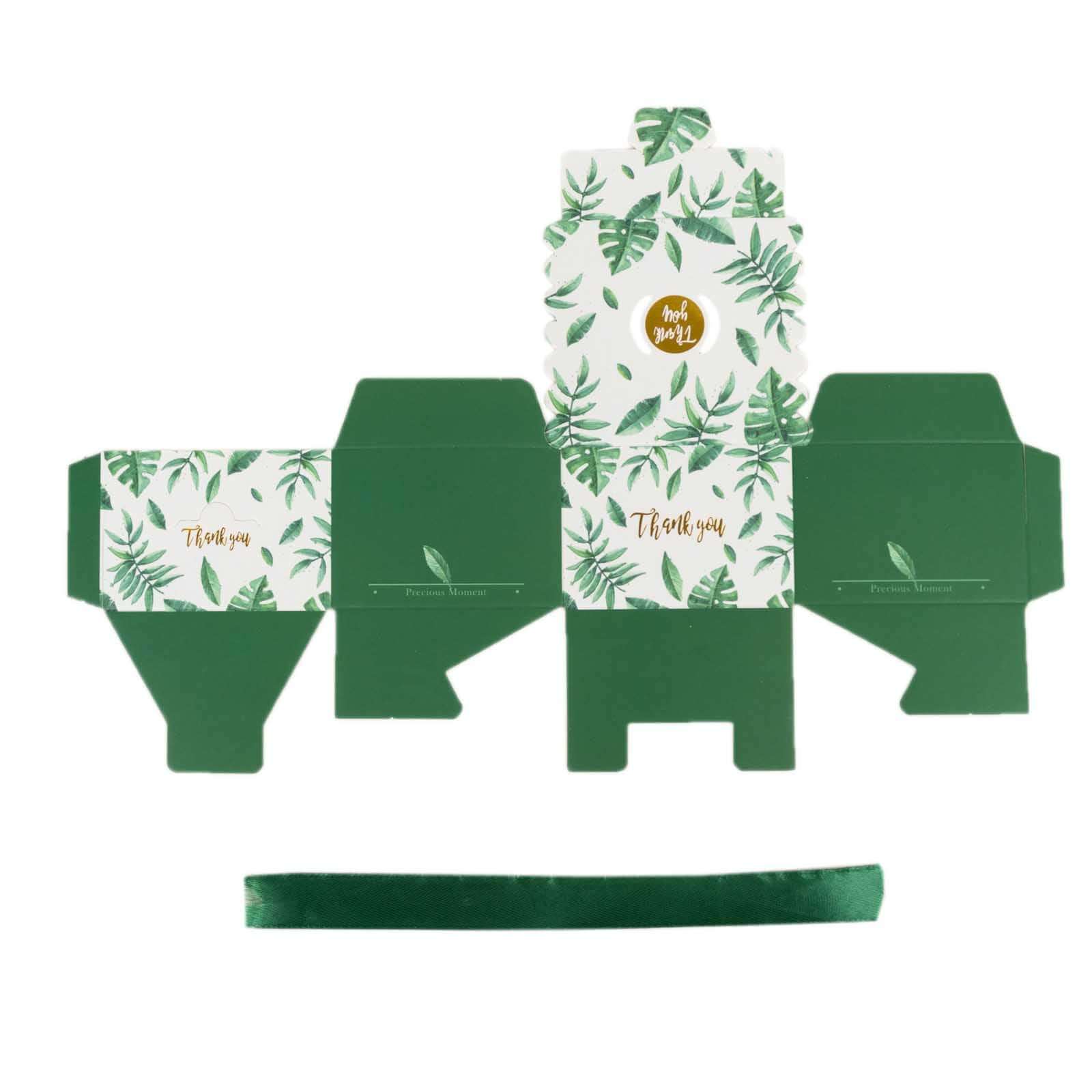 25-Piece Set of Green Monstera Leaf Printed Candy Gift Boxes with Satin Ribbon Bows
