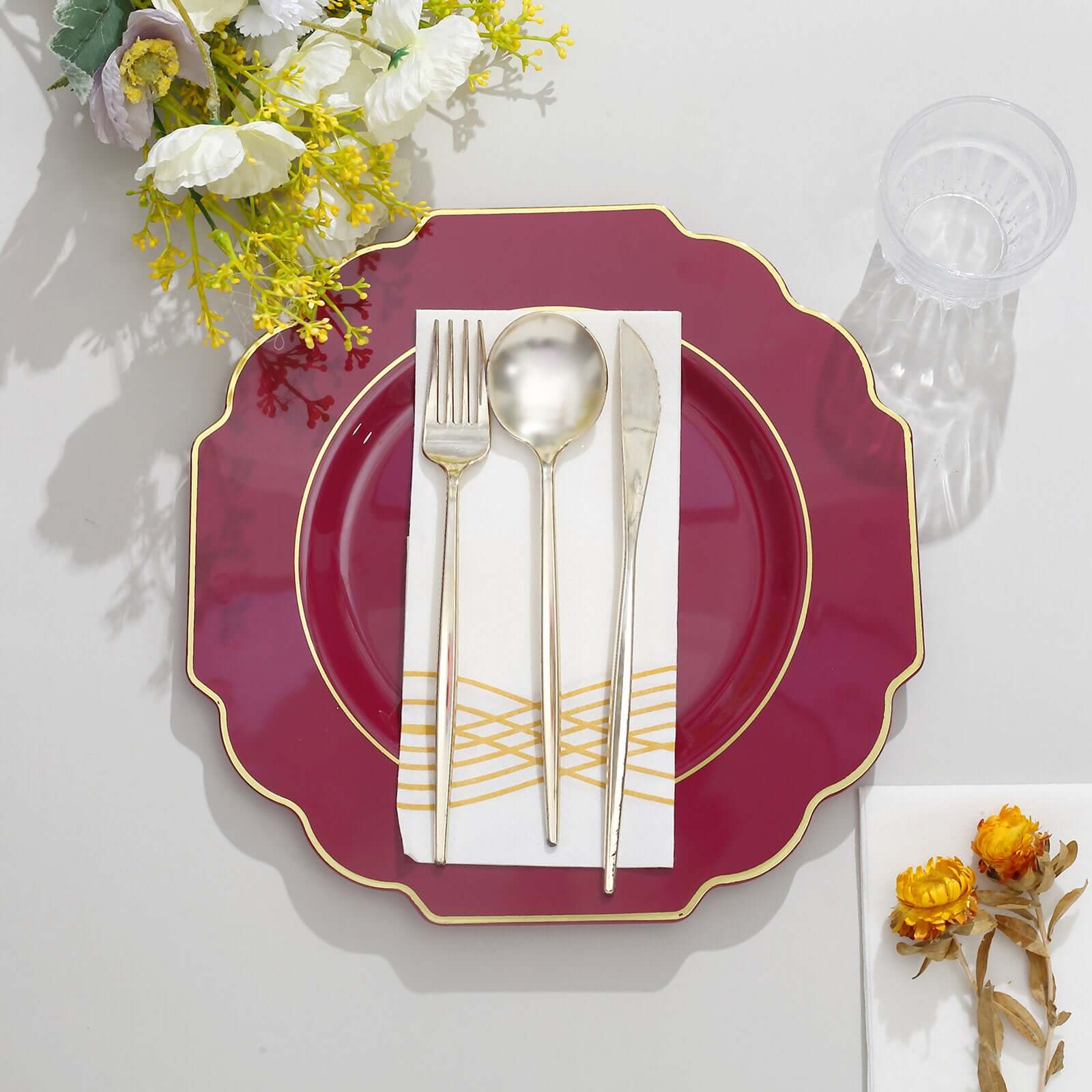 10-Piece Set of Heavy Duty Disposable Burgundy Baroque Dinner Plates with Scalloped Gold Rim