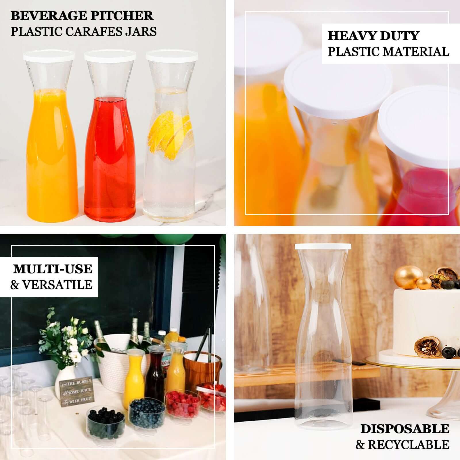 3-Pack Clear Plastic Water Carafes with White Lids - Durable 34oz Disposables for Outdoor Events