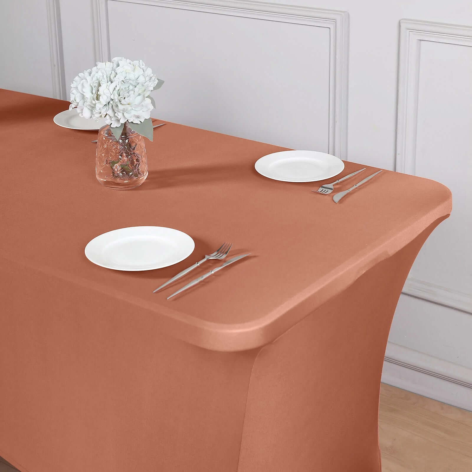 Hot Sale! Durable Form-Fitting Terracotta (Rust) Spandex Stretch Table Cover for 8ft Rectangular Tables